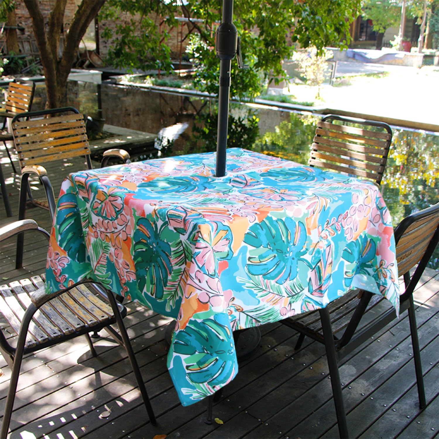 Ehousehome Outdoor And Indoor 60X60 Inch Tablecloth With Umbrella Hole And Zipper, Waterproof Zippered Patio Table Cloths, Spring/Summer Table Covers For Backyard Circular Table/Bbqs/Picnic