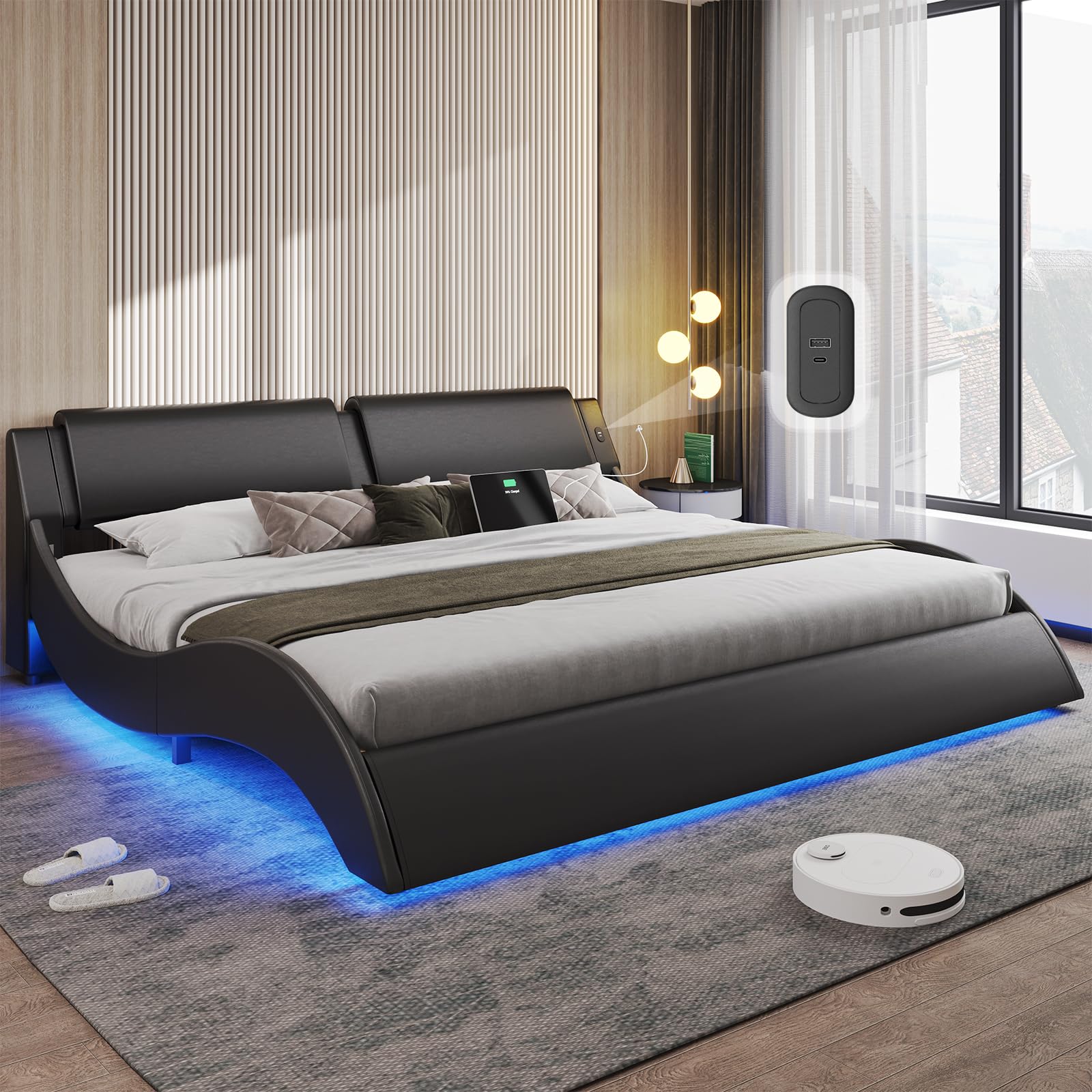 DICTAC California King Bed Frame with Led Lights and USB & Type-c Ports Modern Cali King Platform Bed Frame with Headboard Faux 