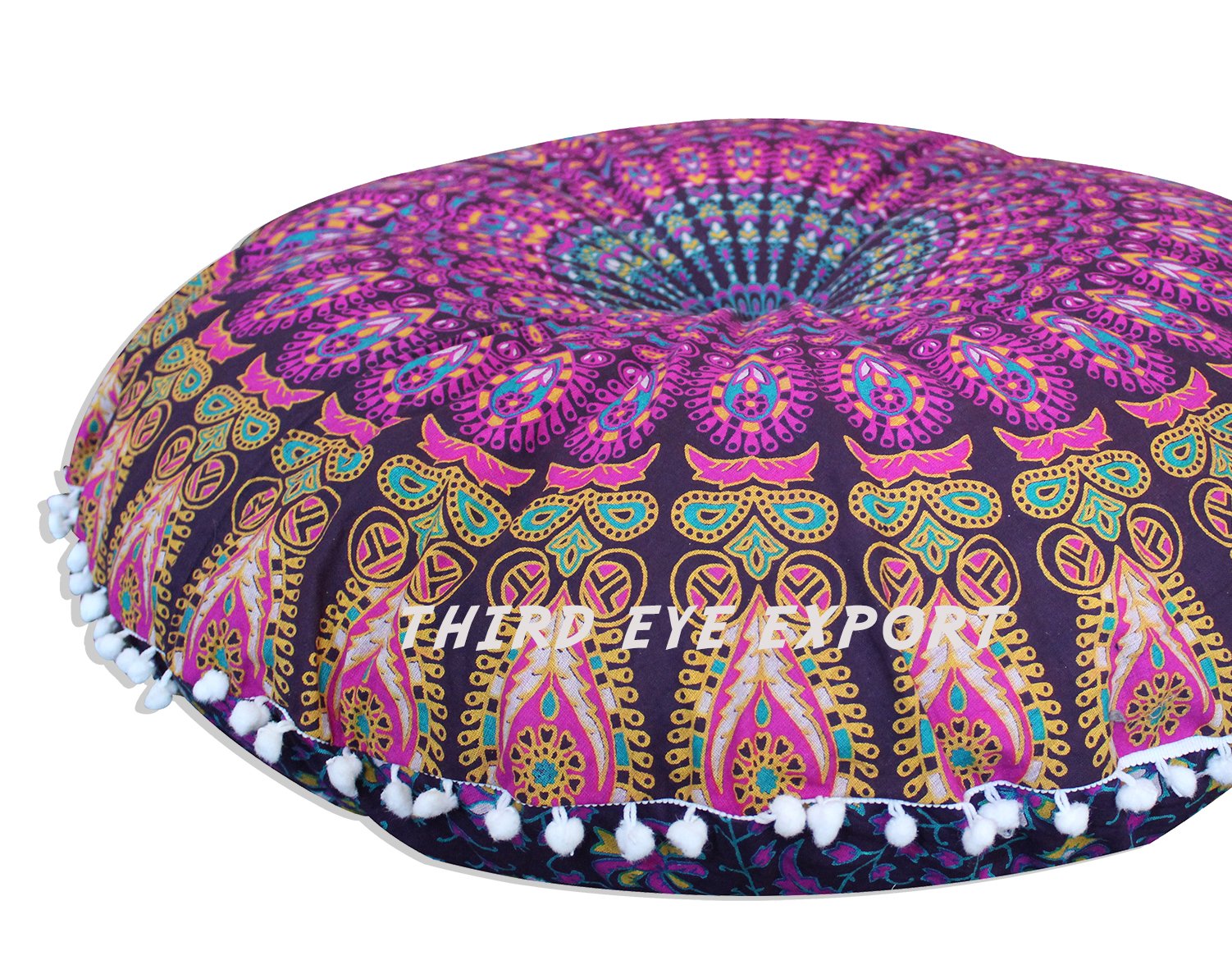 Boho Room Decor Aesthetic: Vintage Indie Purple 32 Inches Indian Mandala Round Pillows Meditation Cushion Cover, Perfect For Cot