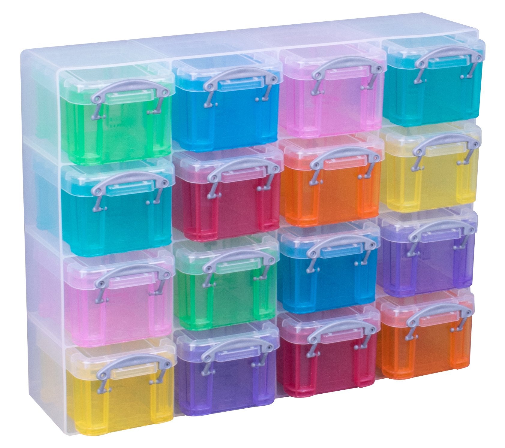 Really Useful Organiser, 16 X 0.14 Litre Storage Boxes In A Clear Plastic Organiser And Assorted Coloured Boxes