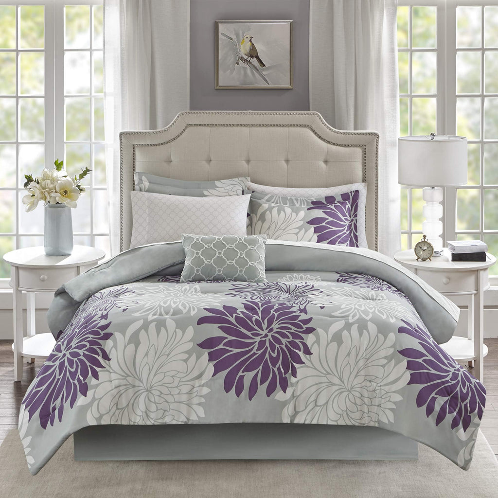 Madison Park Essentials Maible Cozy Bed In A Bag Comforter With Complete Cotton Sheet Set-Floral Medallion Damask Design All Season Cover, Decorative Pillow, King (104 In X 92 In), Purple/Gray