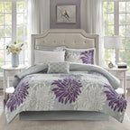 Madison Park Essentials Maible Cozy Bed In A Bag Comforter With Complete Cotton Sheet Set-Floral Medallion Damask Design All Season Cover, Decorative Pillow, King (104 In X 92 In), Purple/Gray