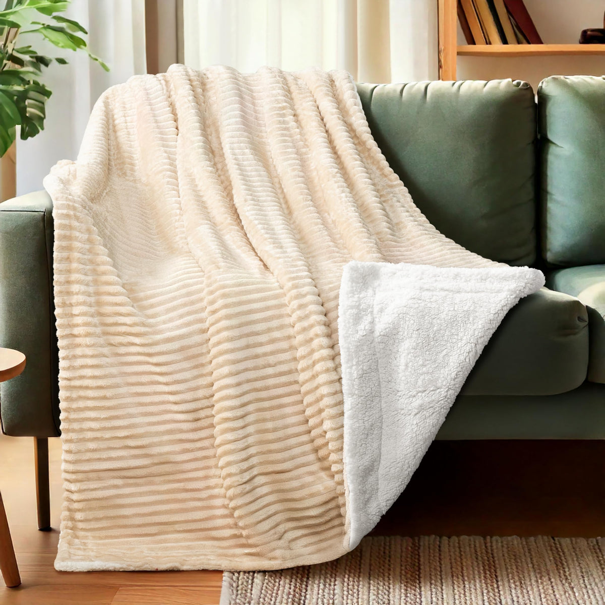 Pavilia Beige Sherpa Fleece Throw Blanket For Couch, Soft Plush Fuzzy Blankets, Fluffy Flannel Sherpa Blanket For Sofa, Warm 3D