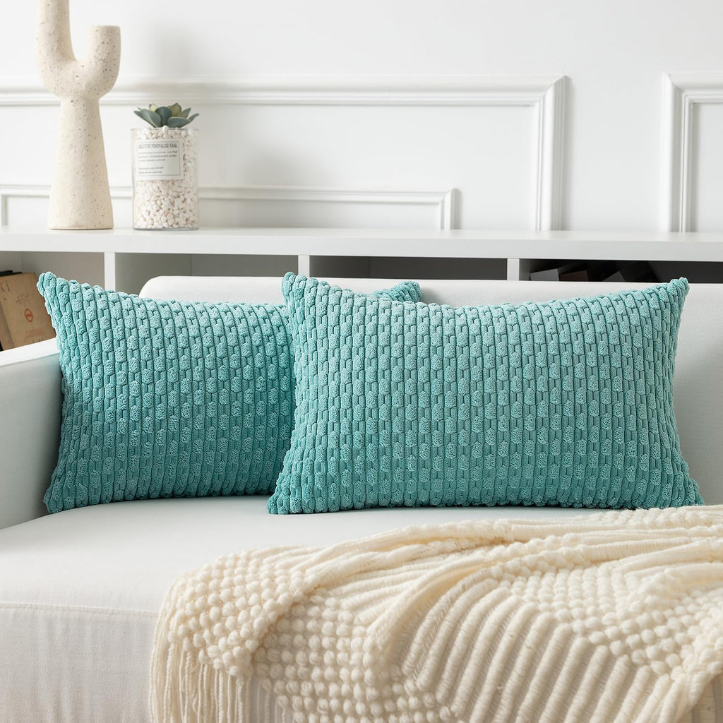 Kevin Textile Throw Pillow Covers Soft Corduroy Decorative Set Of 2 Boho Striped Pillow Covers Pillowcases Farmhouse Home Decor For Couch Bed Sofa Living Room 12X20 Inch Aqua Green