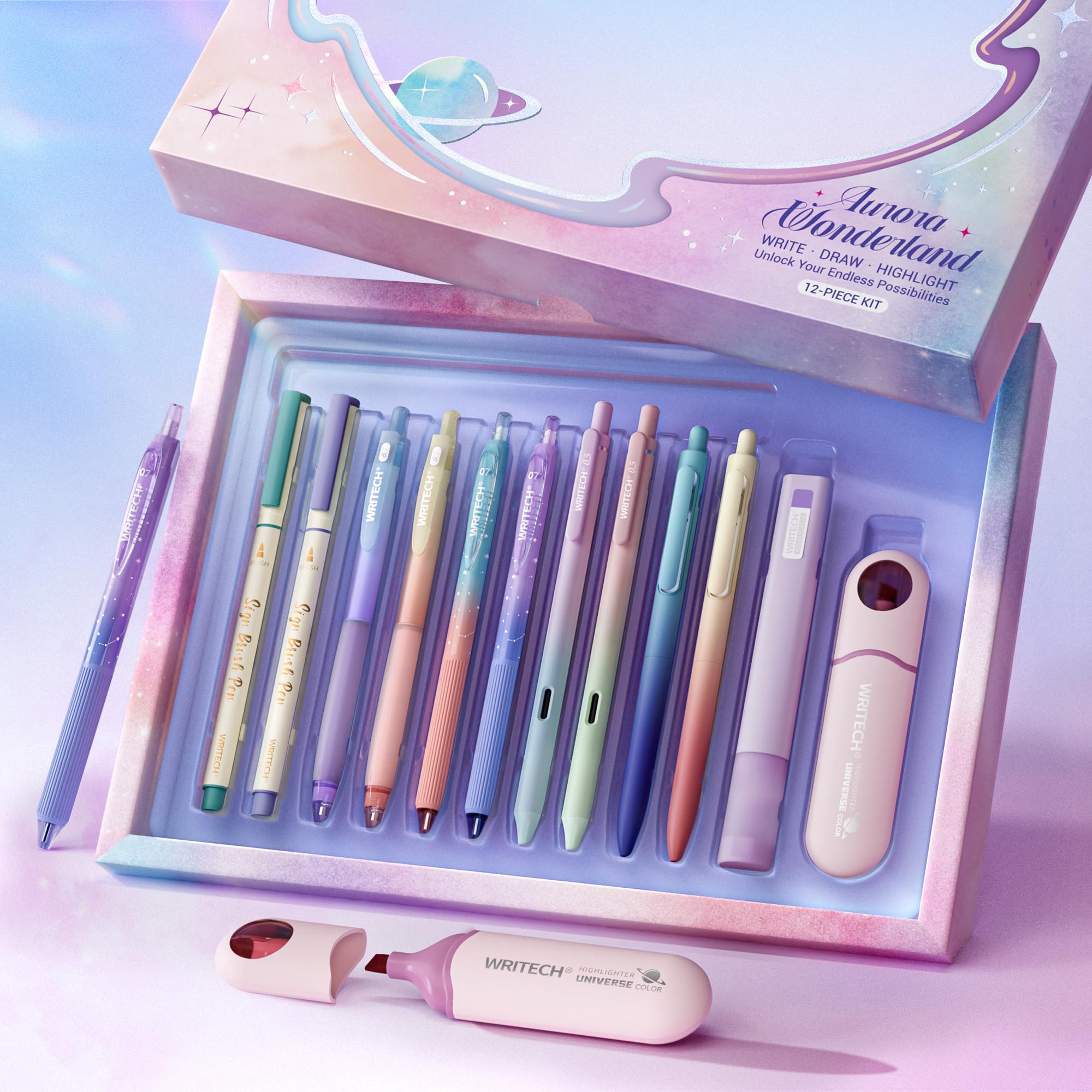 WRITECH Gel Ink Pens Journaling: Aurora Wonderland Pen Set, Gradient Barrels Black Ink Pens Pastel Highlighters Brush Markers, N