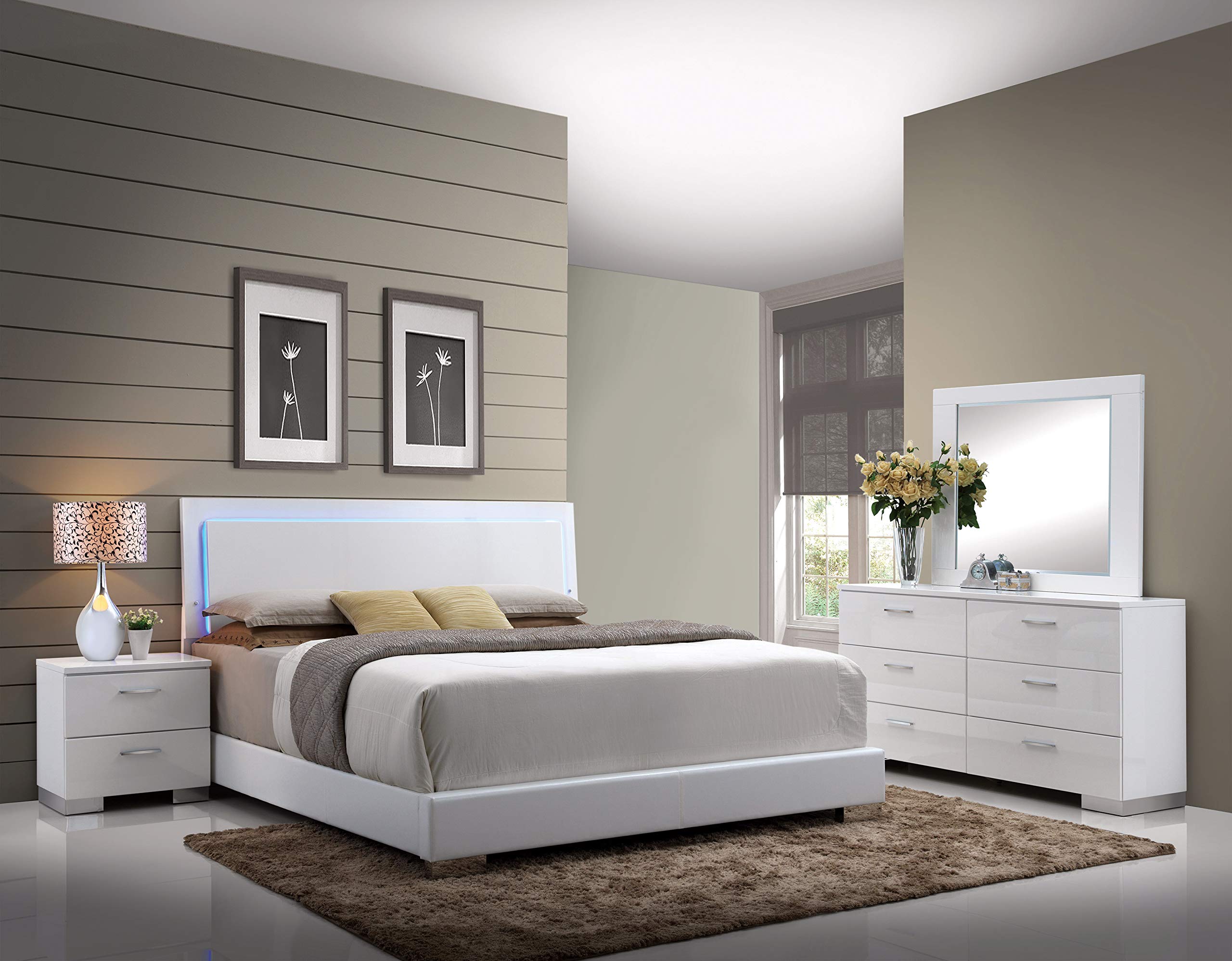 Acme Lorimar Queen Upholstered Wooden Panel Bed With Led In White
