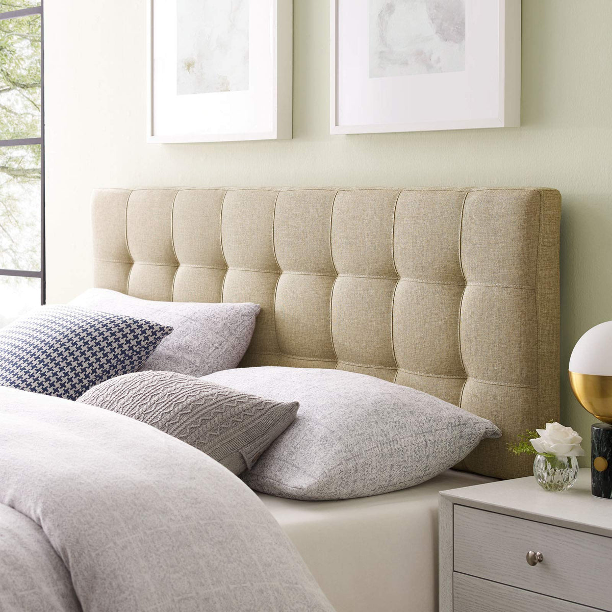 Modway Lily Tufted Linen Fabric Upholstered Queen Headboard in Beige