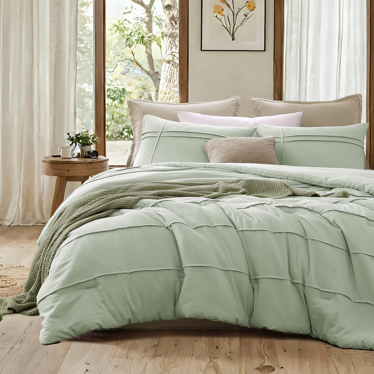 Amberspace Sage Green Comforter Full Size, Pinch Pleat Bed Sets Full 3 Piece, Lightweight Full Size Bedding, Soft And Warm (Sage