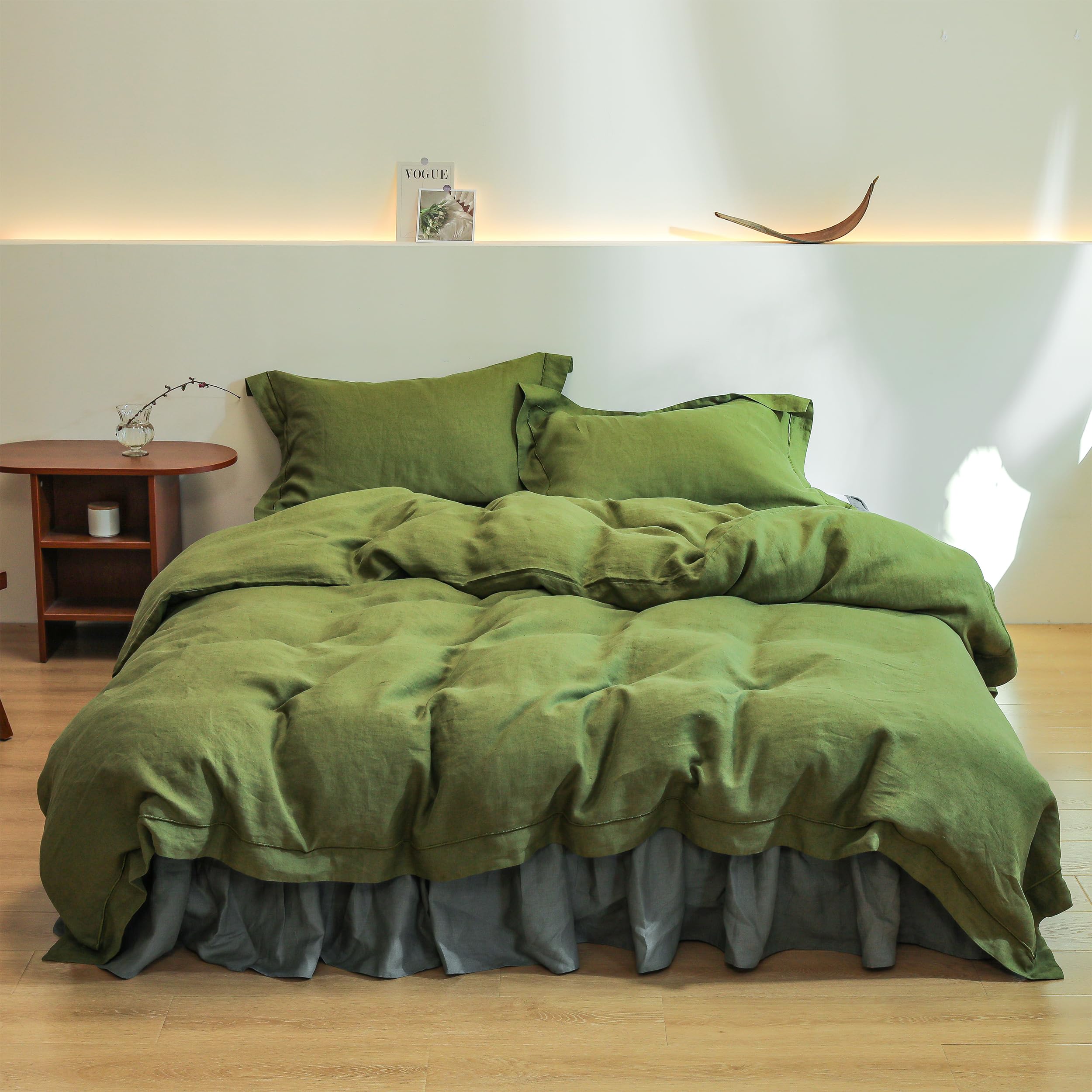 Simple&Opulence 100% Linen Duvet Cover Set With Embroidery Washed - 3 Pieces (1 Duvet Cover & 2 Pillow Shams) With Button Closure Soft Breathable Farmhouse - Olive, California King Size