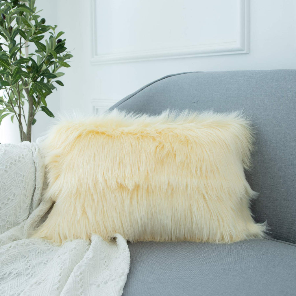 Ligicky Set Of 2 Decorative Lumbar Pillow Covers Soft Light Yellow Fluffy Throw Pillow Cover Luxury Series Rectangle Plush Pillo