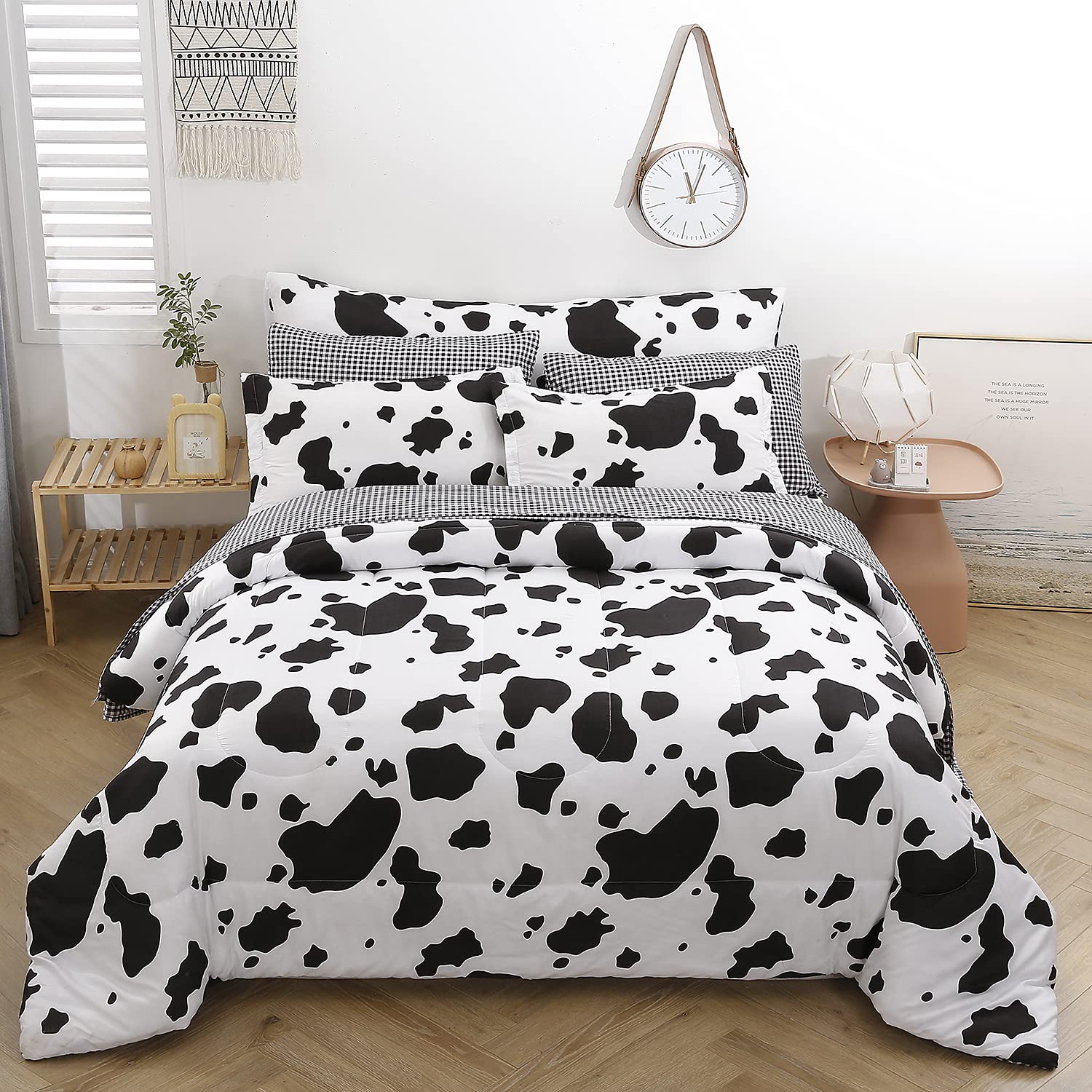 Sucses Cow Print Queen Comforter Set, 8Pcs Bed In A Bag Comforter Set With Sheets, Cute Animal Print Queen Size Bedding Set, Geo