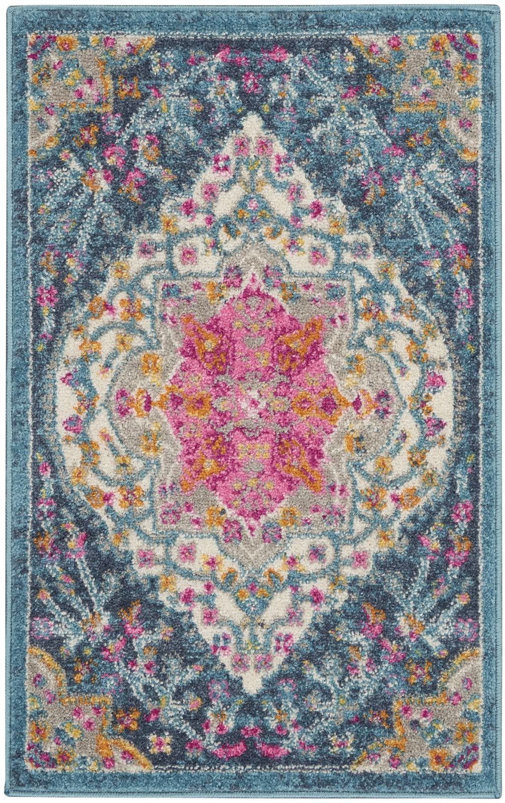 HomeRoots Multicolor 100% Polypropylene 2’ x 3’ Blue and Pink Medallion Scatter Rug