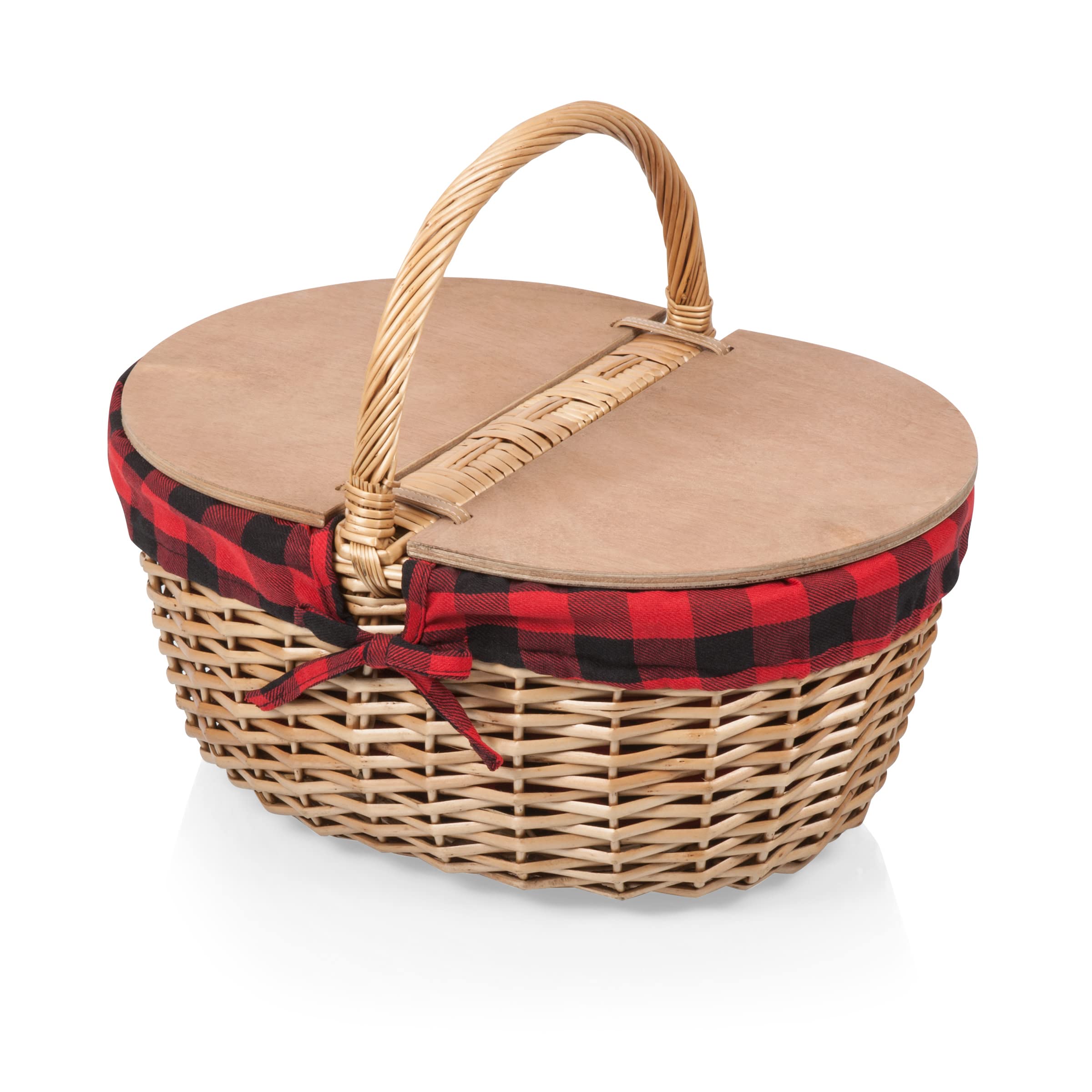 Picnic Time - Country Vintage Picnic Basket With Lid - Wicker Picnic Basket For 2, (Red & Black Buffalo Plaid Pattern)