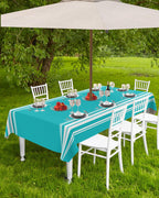 Queenker Outdoor Tablecloth With Umbrella Hole, Farmhouse Aqua White Stripe Rectangle Tables Waterproof Tabletop Collection For
