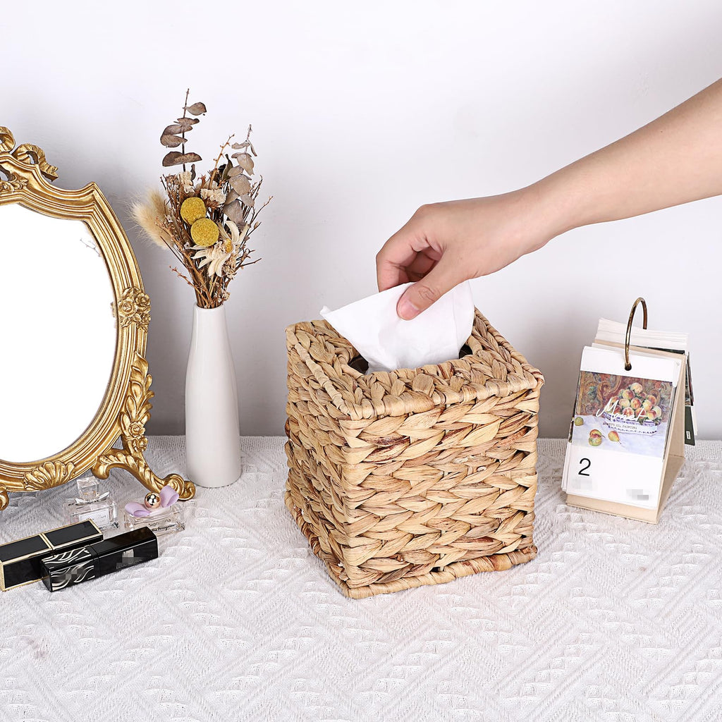 Sumnacon Tissue Box Cover Water Hyacinth Tissue Box Sqaure Tissue Holder Woven Tissue Cover Wicker Cube Tissue Box Holder For Ba