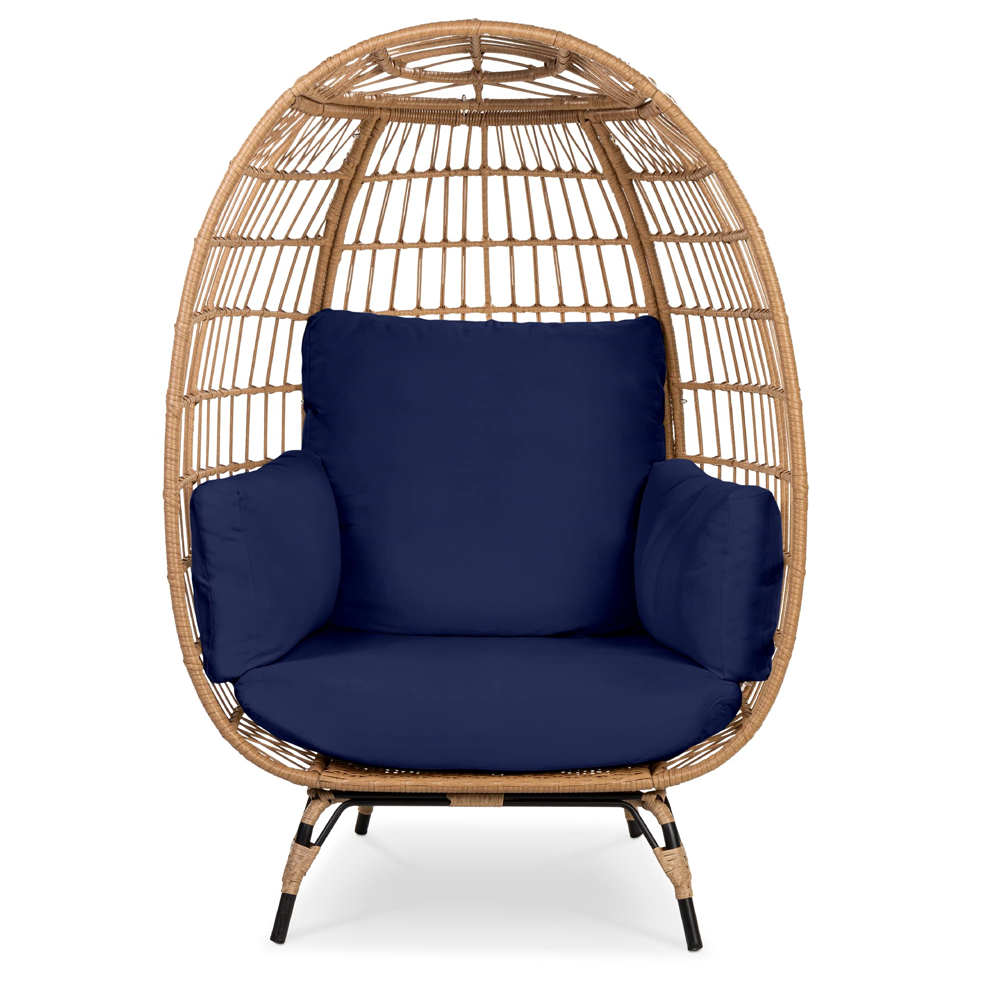 Best Choice Products Wicker Egg Chair, Oversized Indoor Outdoor Lounger For Patio, Backyard, Living Room W/ 4 Cushions, Steel Frame, 440Lb Capacity - Navy