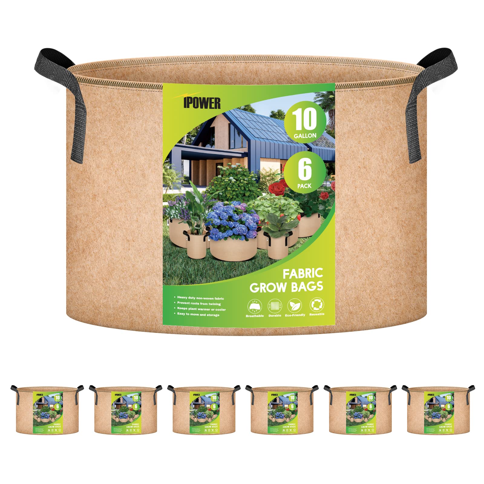 Ipower Plant Grow Bag 10 Gallon 6-Pack Heavy Duty Fabric Pots, 300G Thick Nonwoven Fabric Containers Aeration With Nylon Handles
