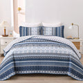 Wongs Bedding Boho Quilt Set Queen Size, Navy Blue Bohemian 3 Pieces Quilt Sets, Lightweight Microfiber Bedspread Coverlet Beddi