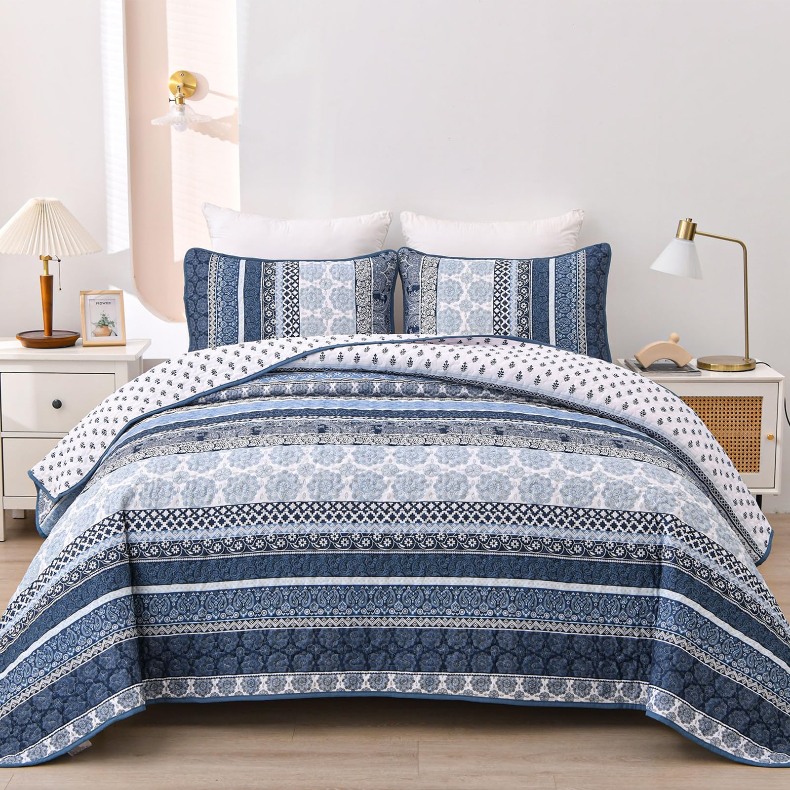 Wongs Bedding Boho Quilt Set Queen Size, Navy Blue Bohemian 3 Pieces Quilt Sets, Lightweight Microfiber Bedspread Coverlet Beddi