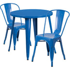 Flash Furniture Commercial Grade 30" Round Blue Metal Indoor-Outdoor Table Set with 2 Cafe Chairs
