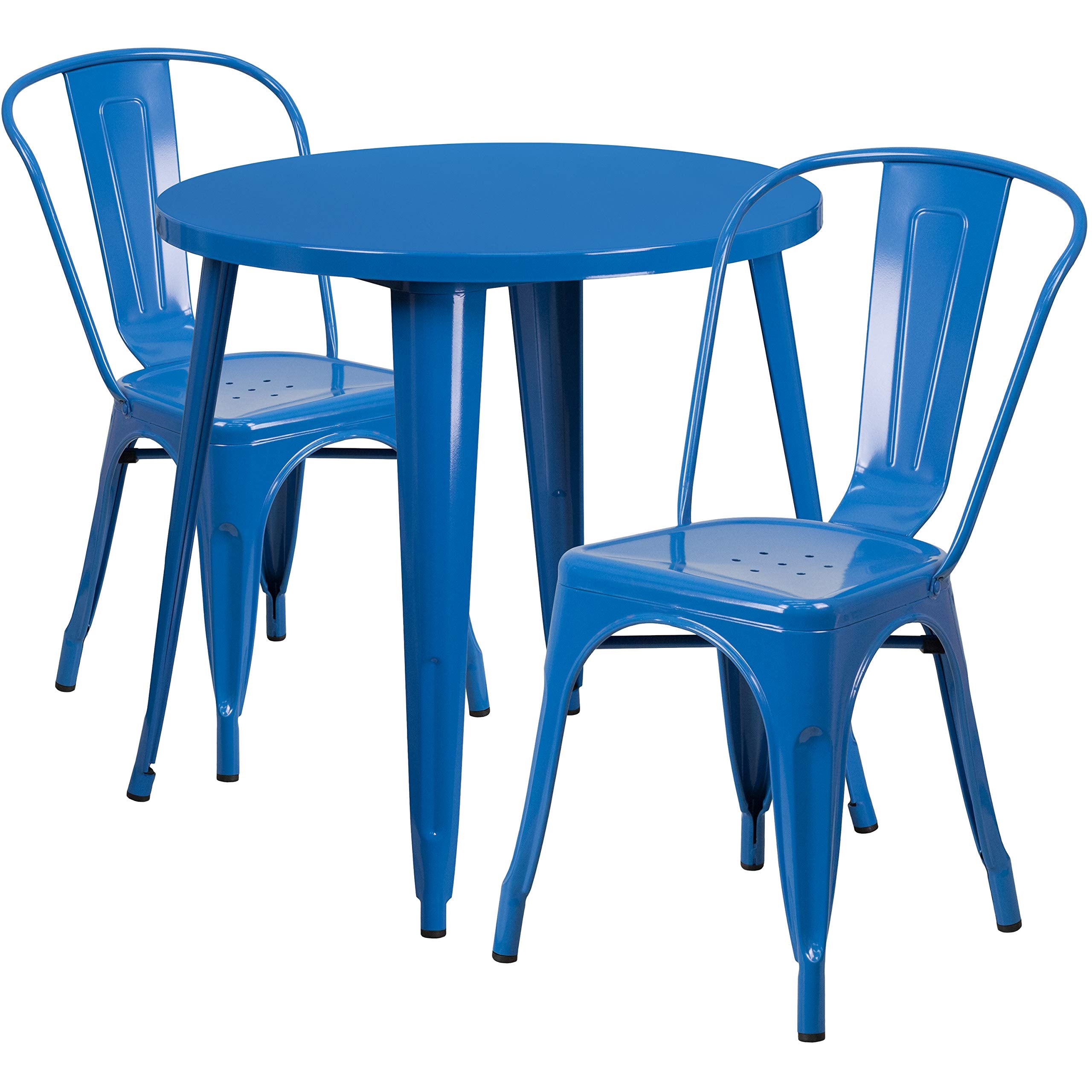 Flash Furniture Commercial Grade 30" Round Blue Metal Indoor-Outdoor Table Set with 2 Cafe Chairs