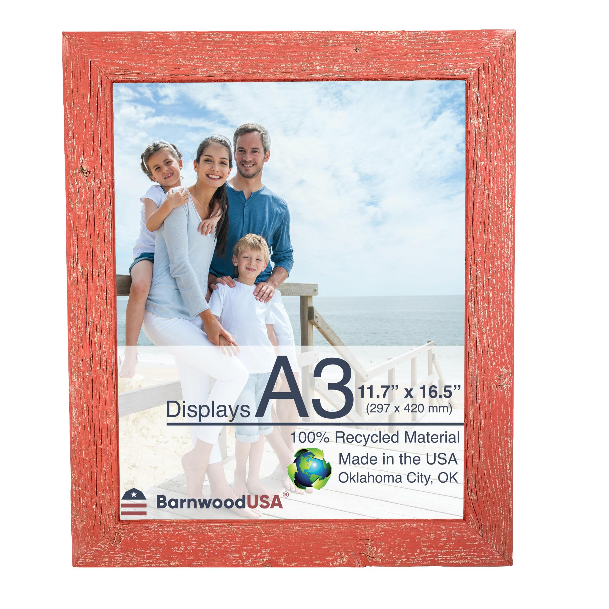 BARNWOODUSA | Farmhouse A3 Picture Frame | 1 1/2 inch Molding | 100% Reclaimed Wood | Rustic | Rustic Red
