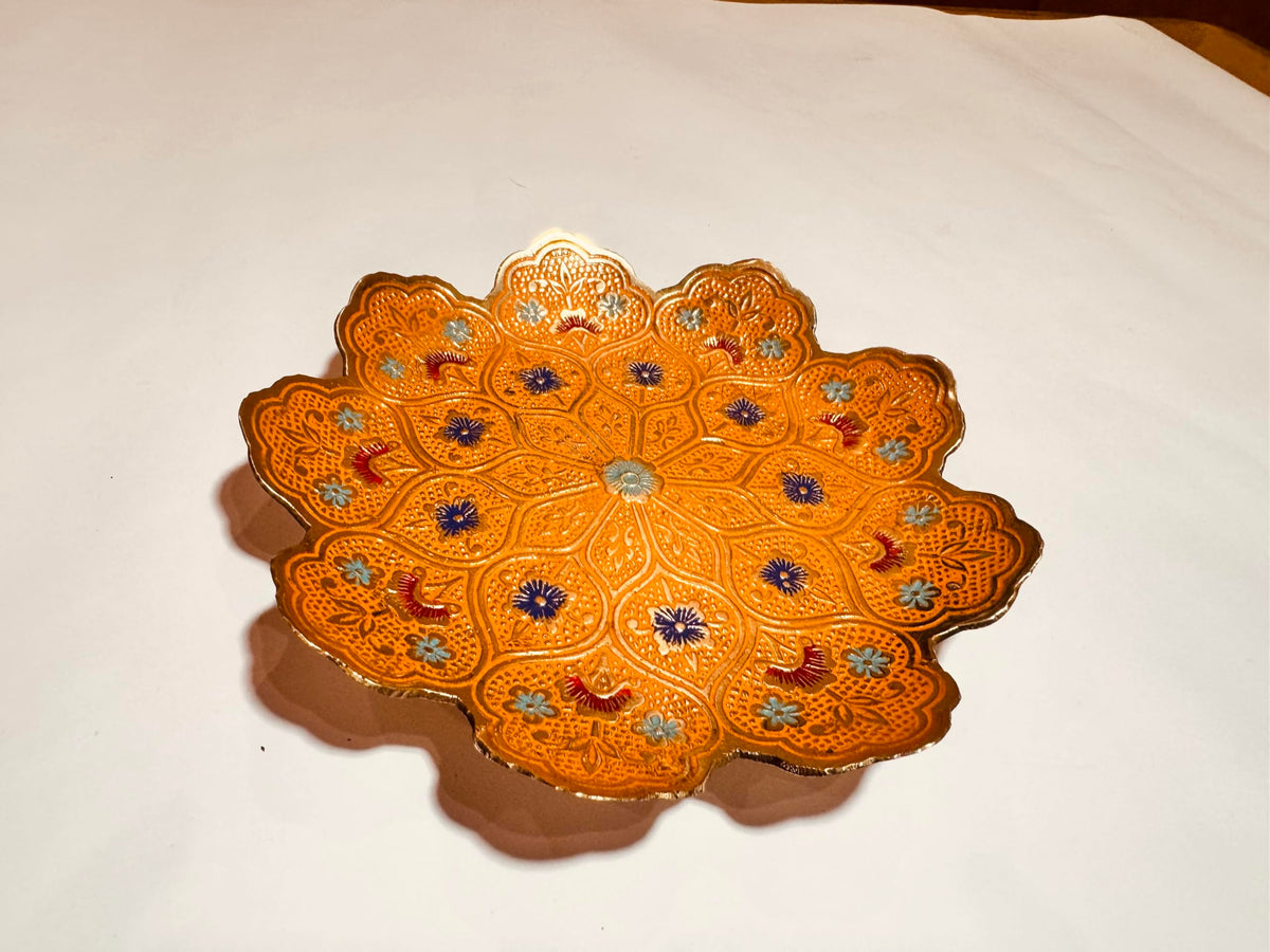 Decorative Orange Ceramic Plate with Floral Pattern, HandPainted Multicolor Design, Scalloped Edge Serving Dish