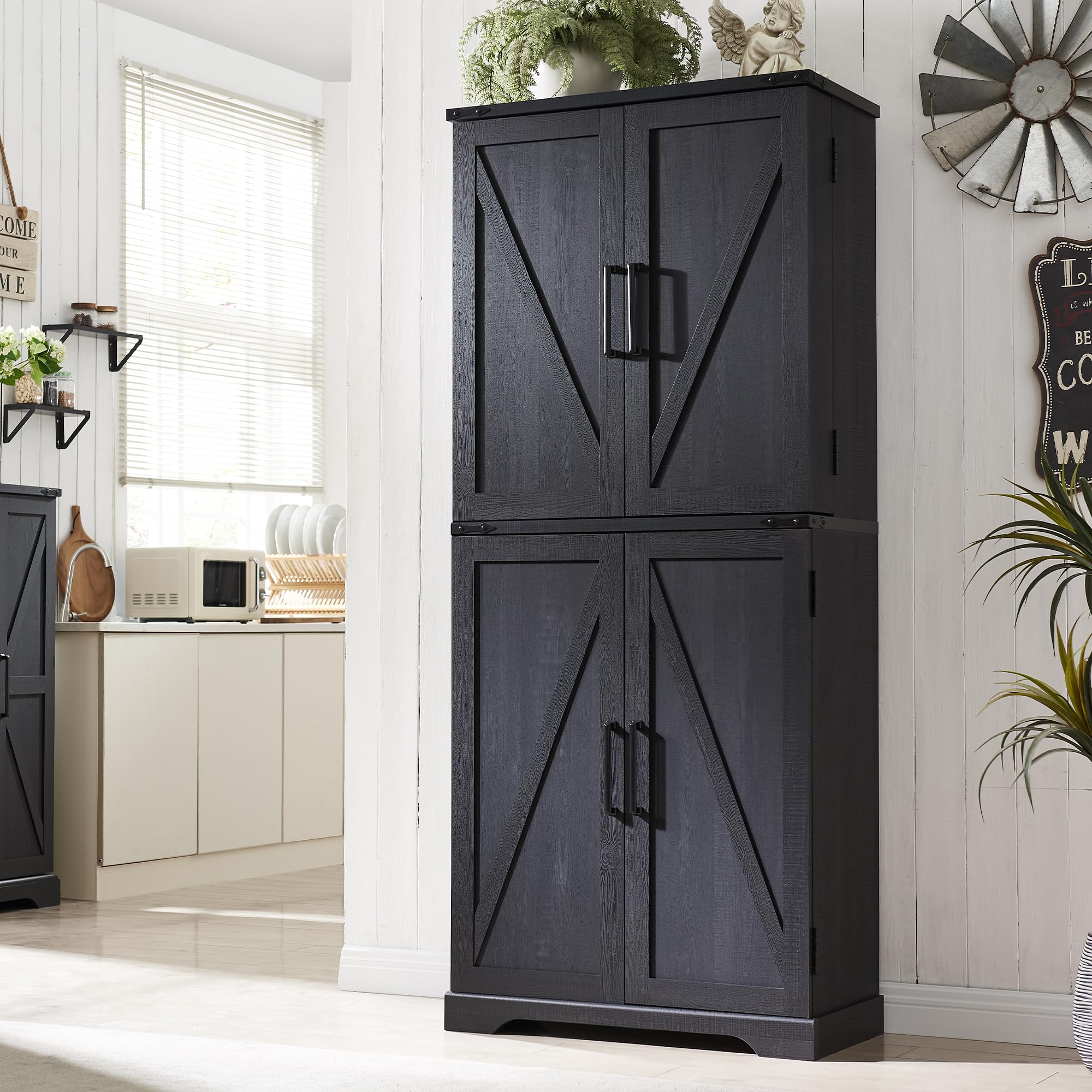 ACCOHOHO 72  Tall Kitchen Pantry, Farmhouse Storage Cabinet with Barn Door, Organizer, Drawer and Adjustable Shelves, Rustic Woo