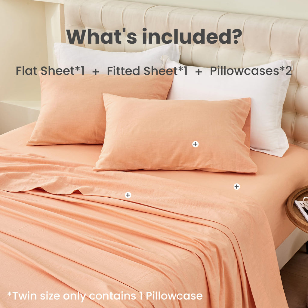 Simple&Opulence Belgian Linen Sheet Set Solid Color - 3 Pieces (1 Flat Sheet & 1 Fitted Sheet & 1 Pillowcase) Natural Flax Cotton Blend Soft Bedding Breathable Farmhouse - Peach, Twin Size