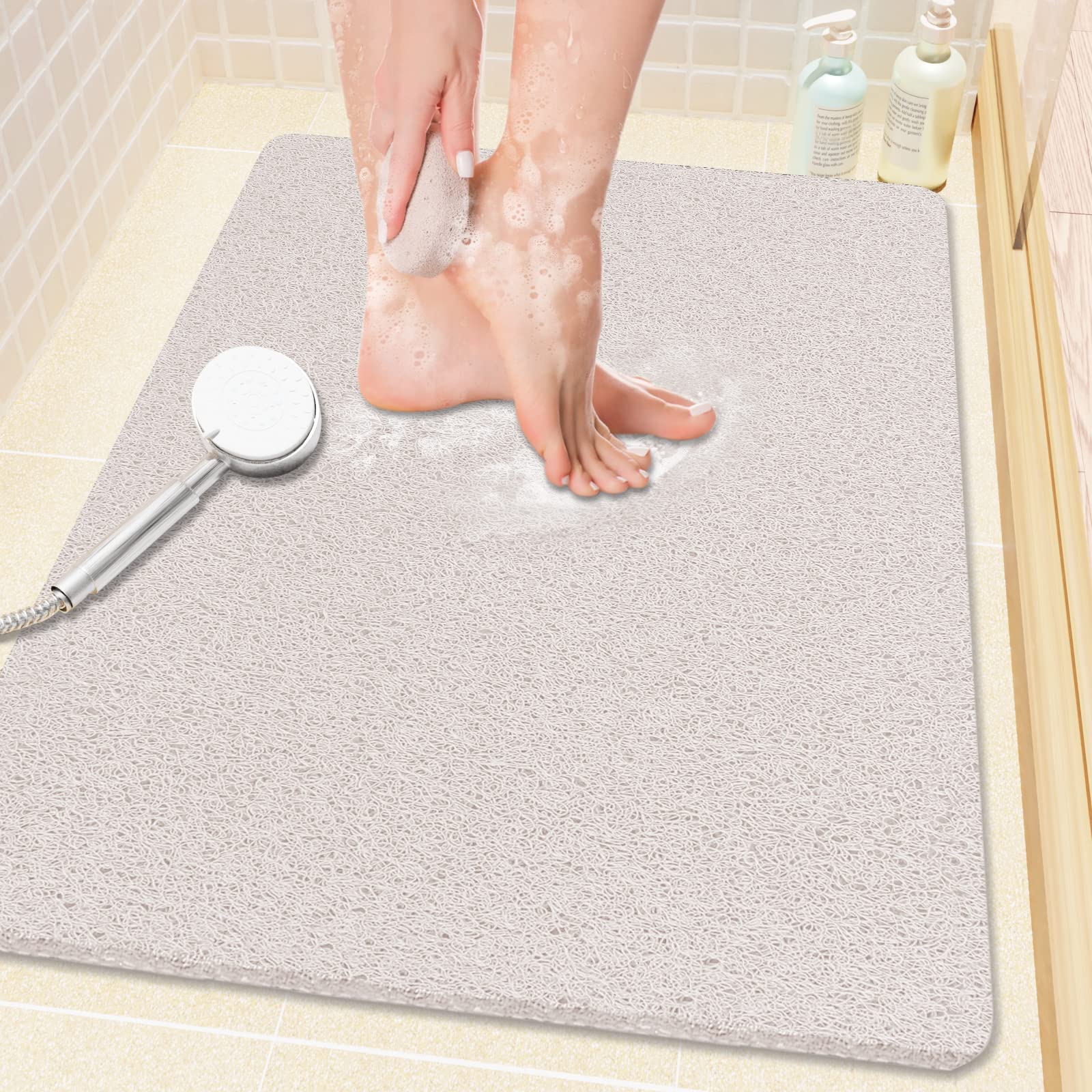 Shower Mat Bathtub Mat Non-Slip,24x16 inch, Soft Tub Mat with Drain,PVC Loofah Bath Mat (Phthalate Free) for Tub and Bathroom,Qu
