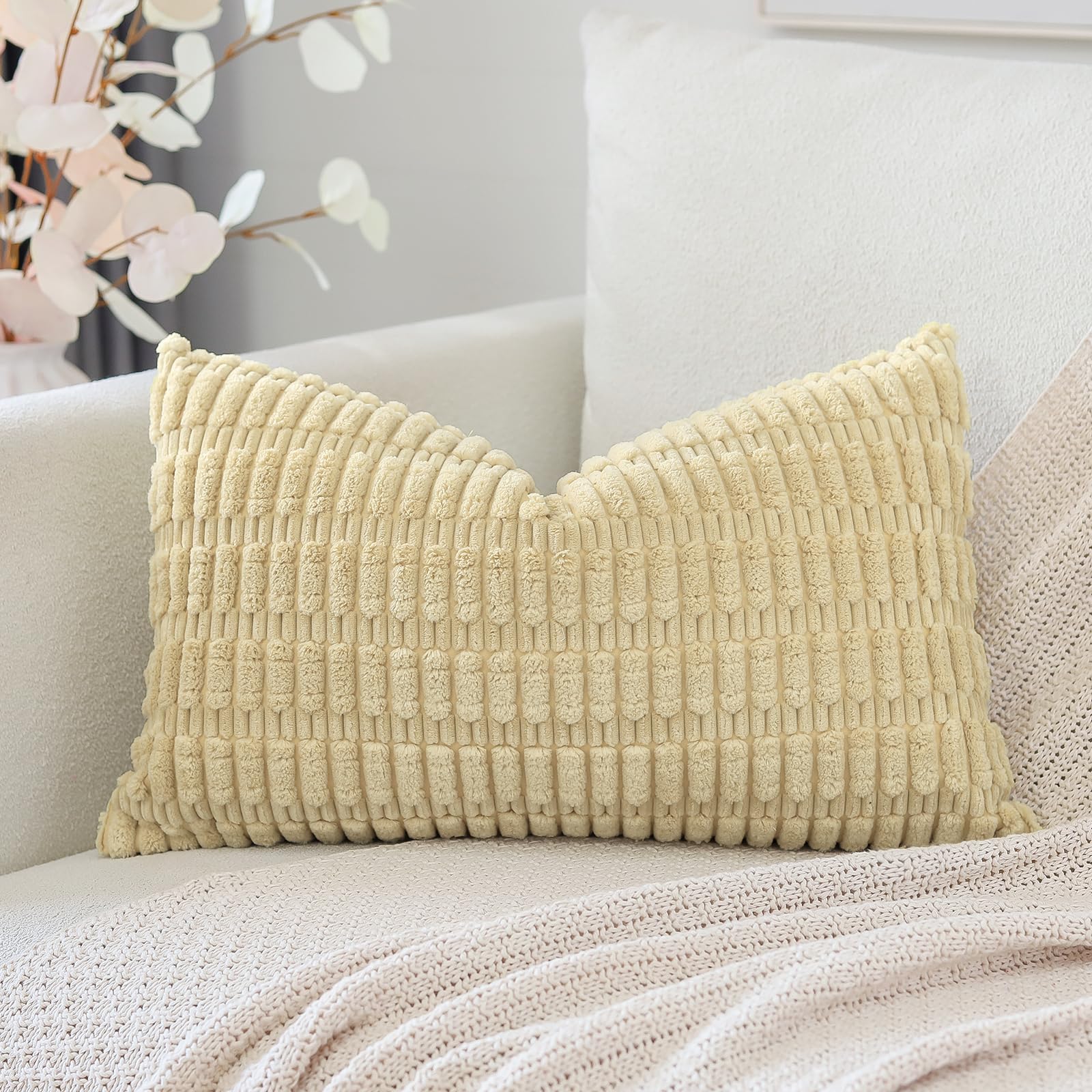 Otostar Corduroy Decorative Throw Pillow Covers 12X20 Inch Super Soft Boho Striped Rectangle Pillow Covers Case Modern Cushion Covers For Sofa Couch Bedroom Car Decor Beige