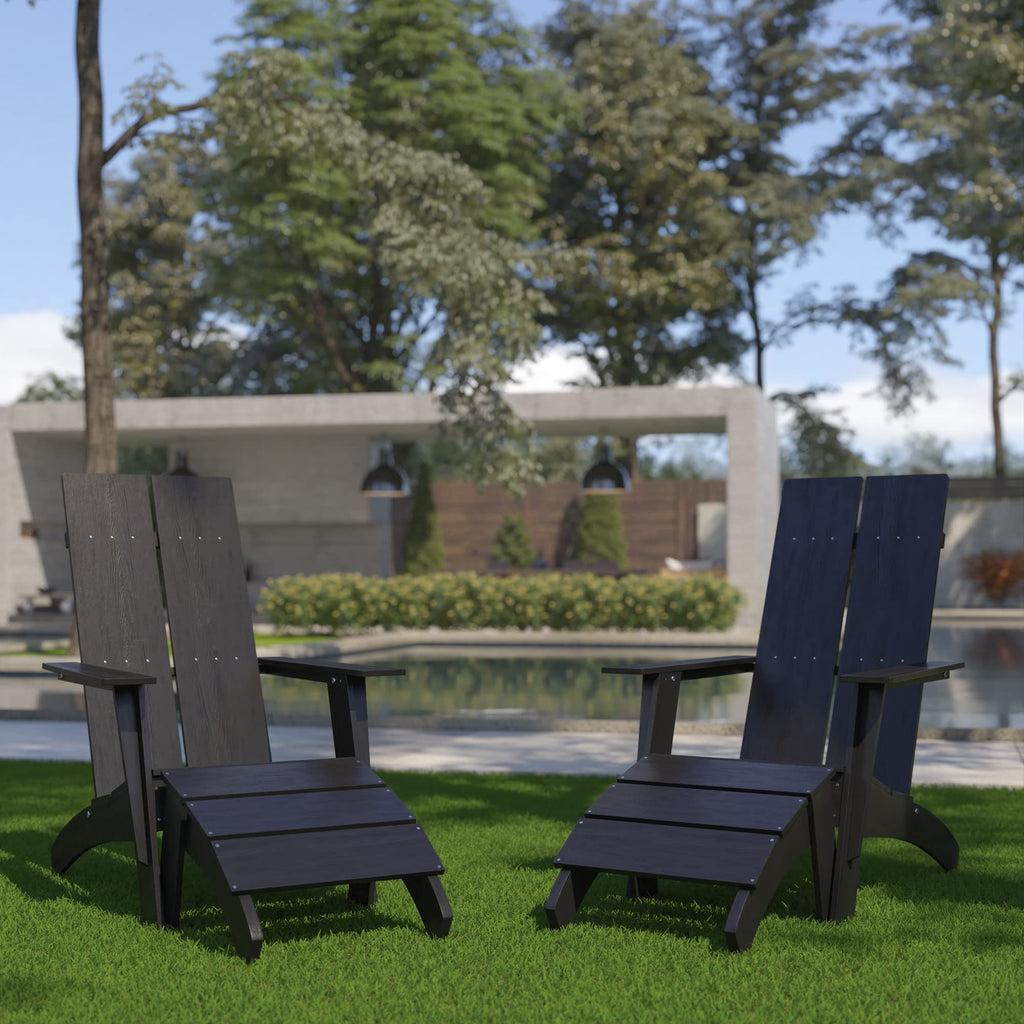 Flash Furniture Set of 2 Sawyer Adirondack Style Chairs with Footrests - Black Poly Resin - Weather Resistant
