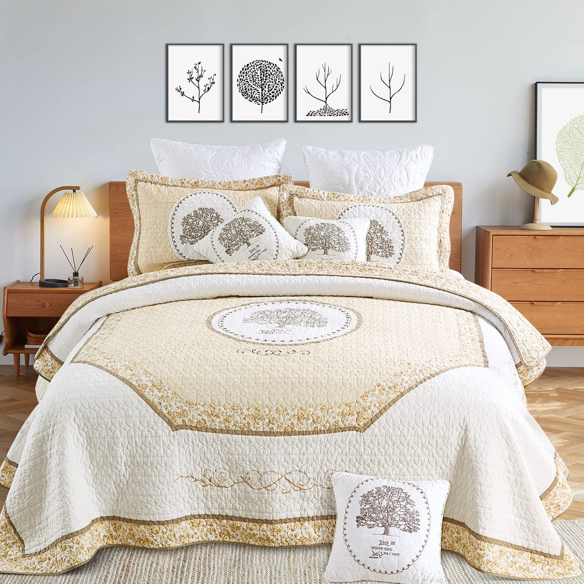 Geecomfy 3Pcs Tree Of Life Quilt Set Cotton Embroidery Bedspread Lightweight Coverlet Set For All Season Use, Queen/Full Size 94