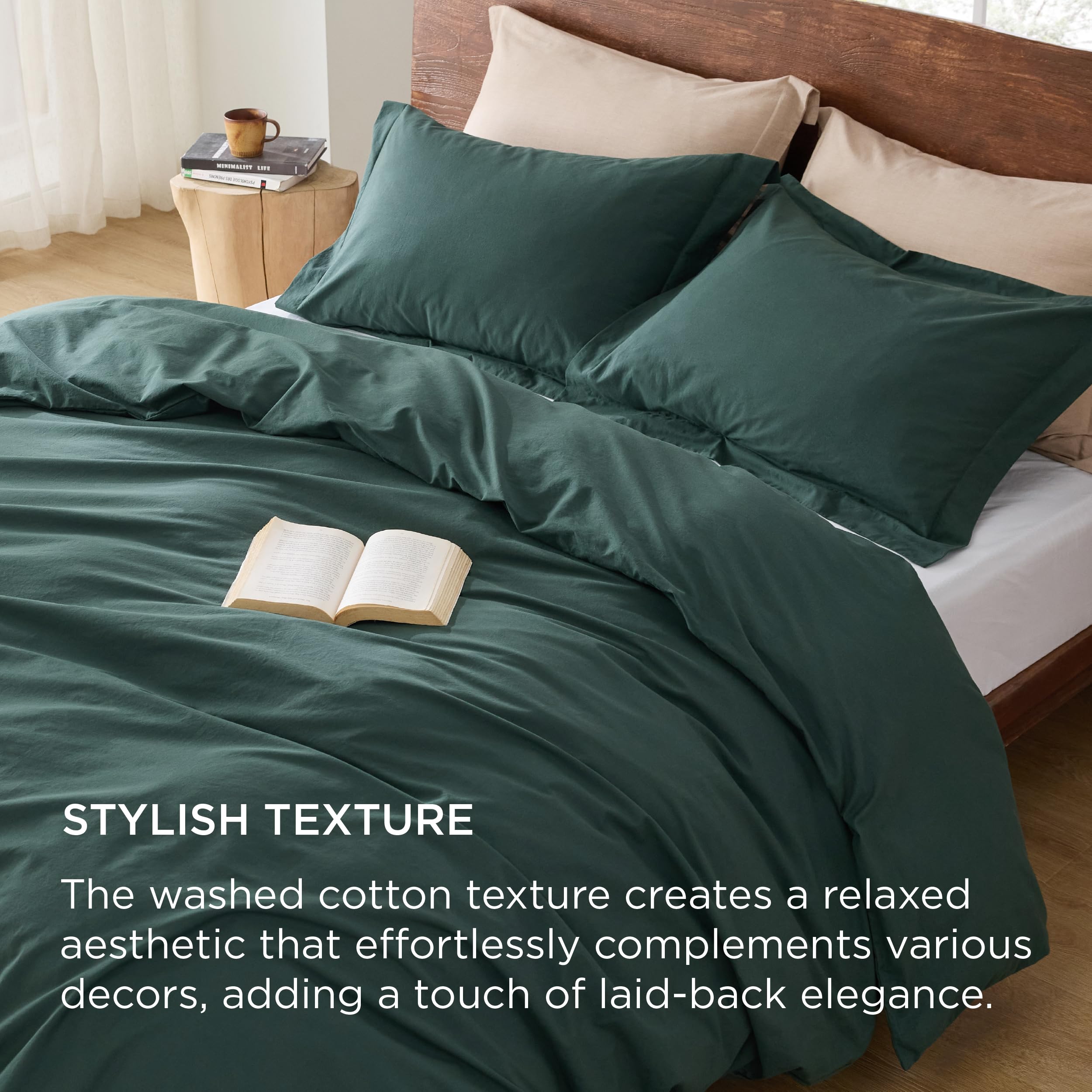 Bedsure 100% Washed Cotton Duvet Cover King Size - Forest Green Minimalist Cotton Duvet Cover Linen Like - Gentlesoft™ Plain Simple Bedding Set With 2 Pillow Shams (Forest Green, King, 104'X90')
