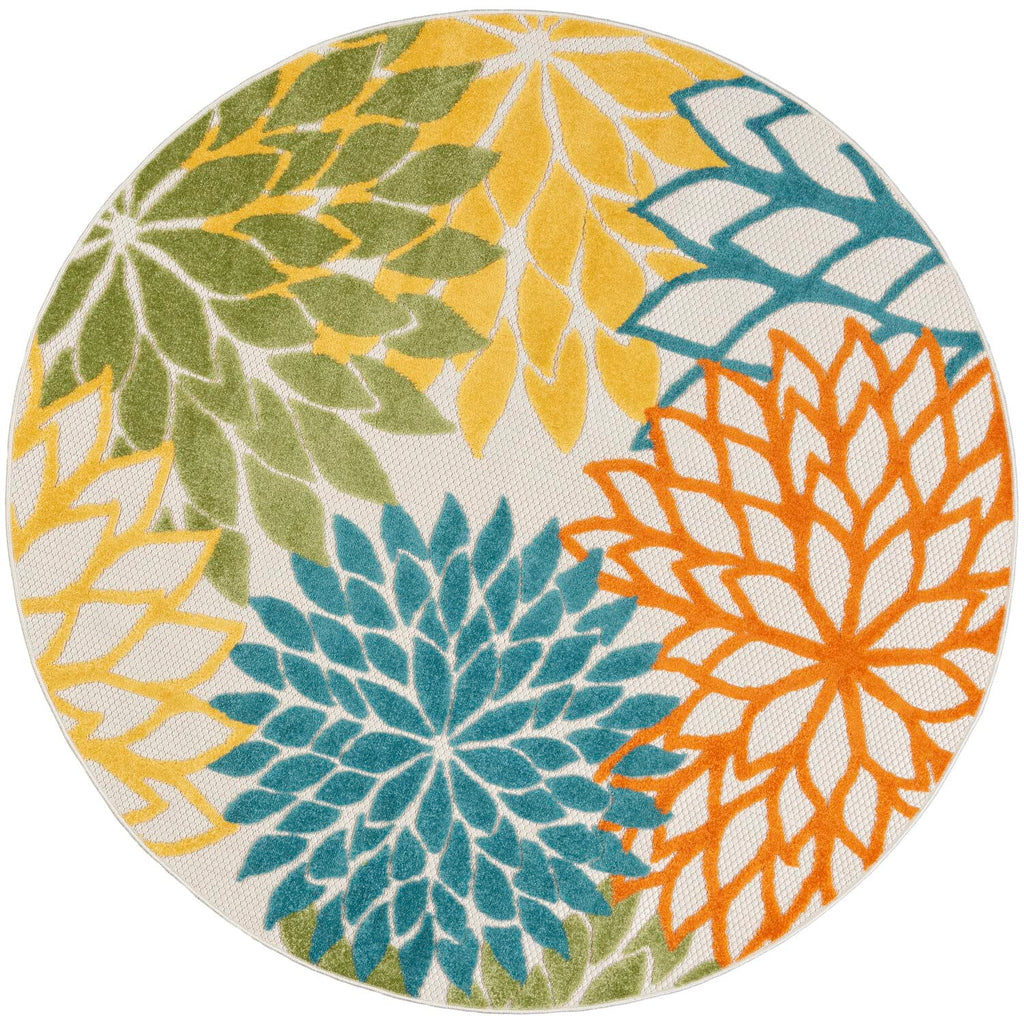 Nourison Aloha Indoor/Outdoor Floral Turquoise Multicolor 4' X Round Area Rug, (4' Round)