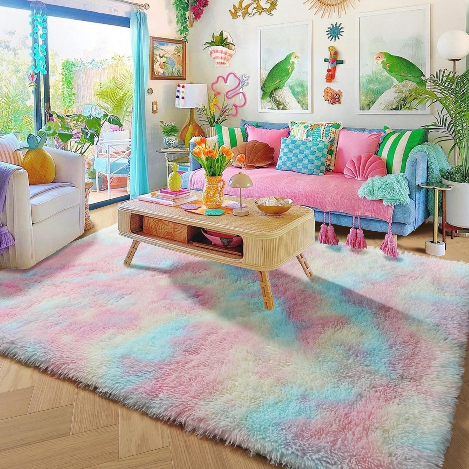 Rainbow Fluffy Rugs for Girls Bedroom, 4x6 Rug, Unicorn Room Decor, Pastel Area Rug for Kids, Shag Carpet for Nursery, Soft Play