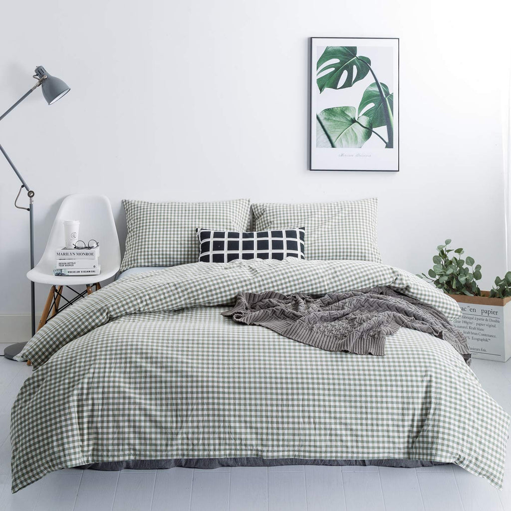 SUSYBAO Green Gingham Duvet Cover King Size 100% Washed Cotton Grid Duvet Cover Set 3 Pieces 1 Green Plaid Duvet Cover with Zipp