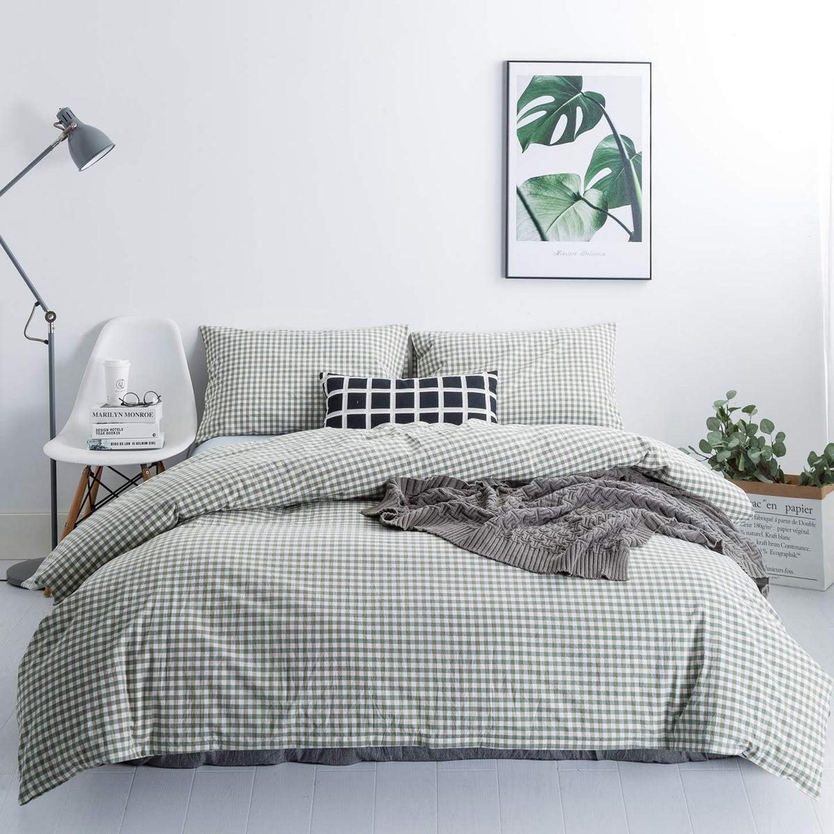 Susybao Green Gingham Duvet Cover Queen 100% Washed Cotton Plaid Duvet Cover Set 3 Pieces 1 Green Grid Duvet Cover With Zipper T