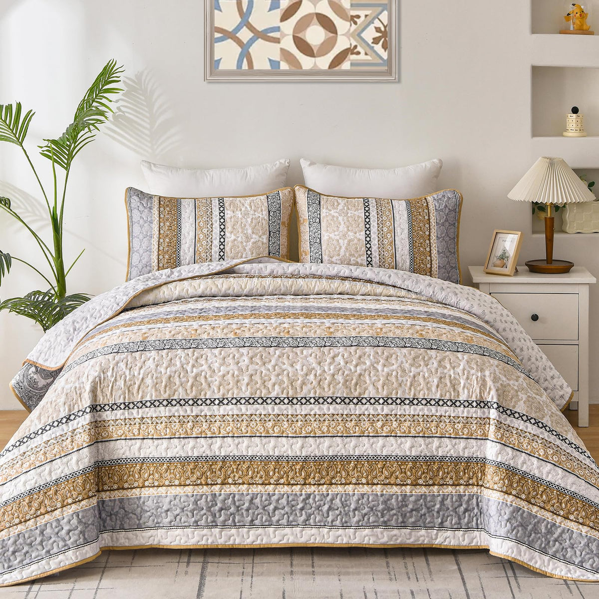 Wongs Bedding Boho Quilt Set Queen Size, Brown Bohemian 3 Pieces Fall Quilt Sets, Lightweight Summer Bedspread Coverlet Bedding