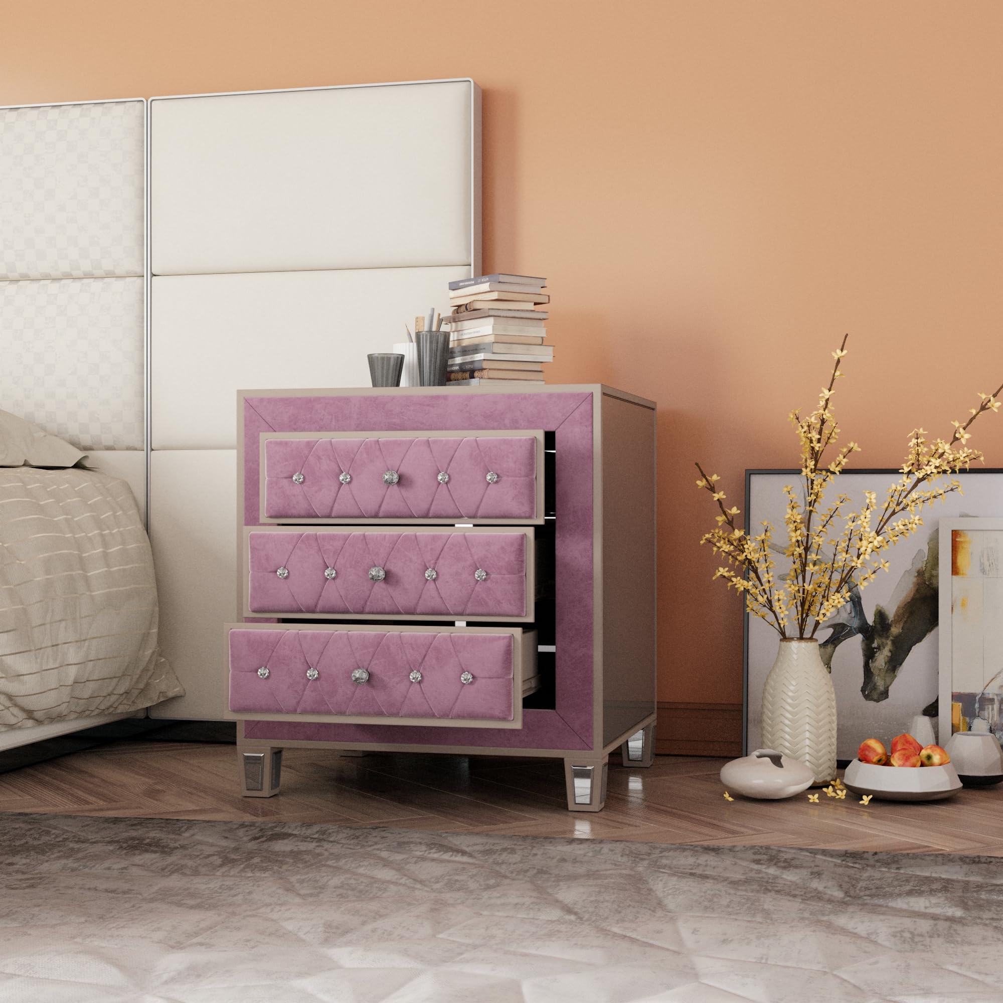 Woodpeckers Furniture And Mattress Mirrored Velvet Night Stand (Pink)