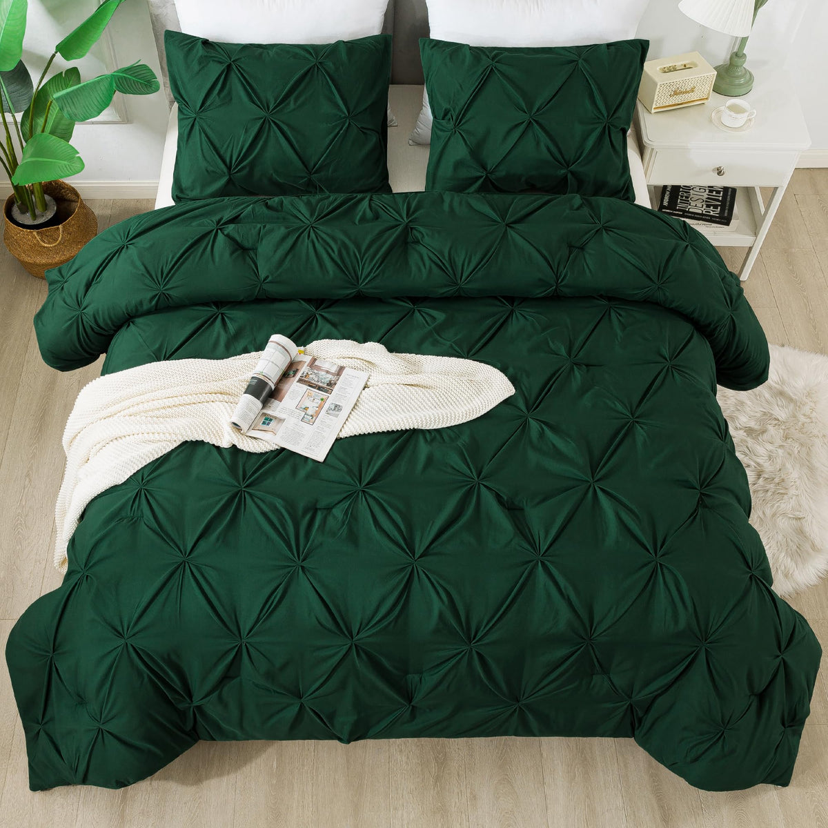 Andency Dark Emerald Green Comforter Set Full, 3 Pieces Pinch Pleat Chic Bed Comforters & Sets, All Season Soft Lightweight Micr