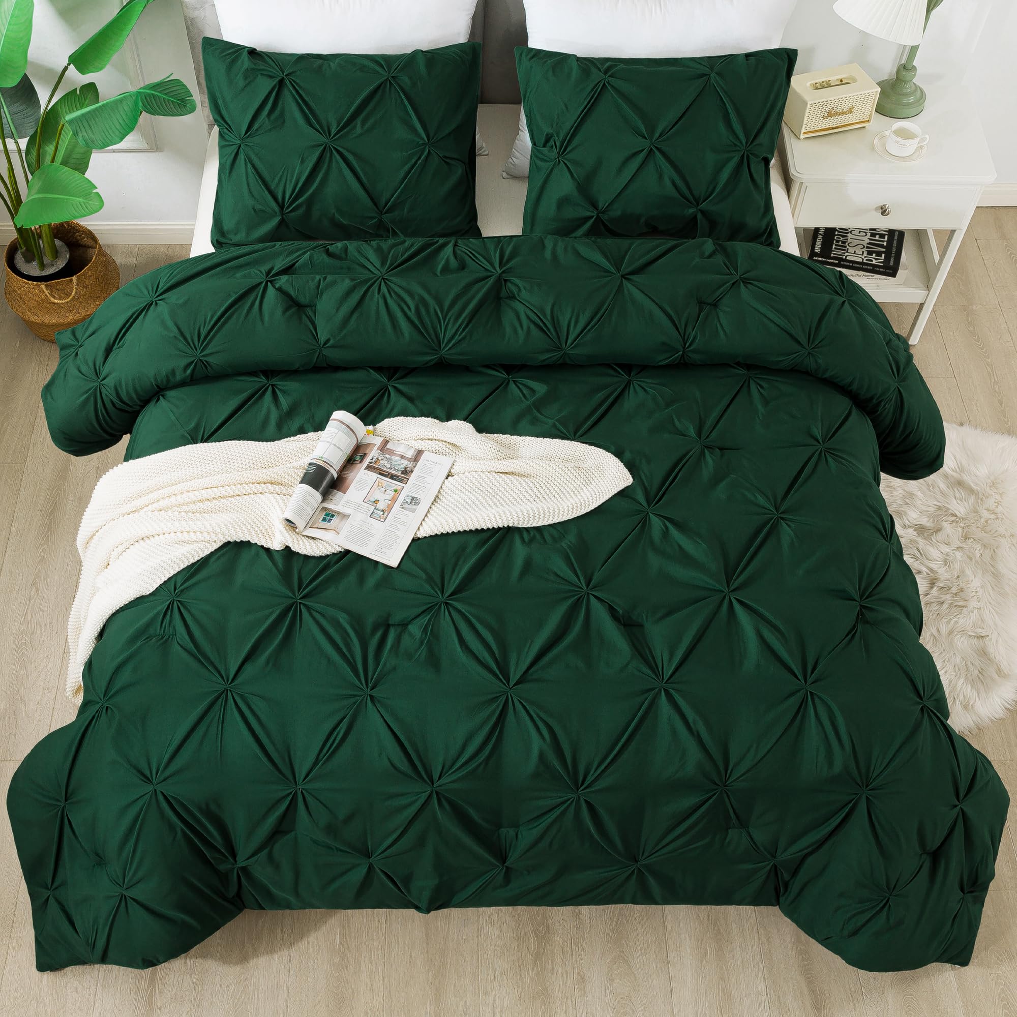 Andency Dark Emerald Green Comforter Set Full, 3 Pieces Pinch Pleat Chic Bed Comforters & Sets, All Season Soft Lightweight Micr