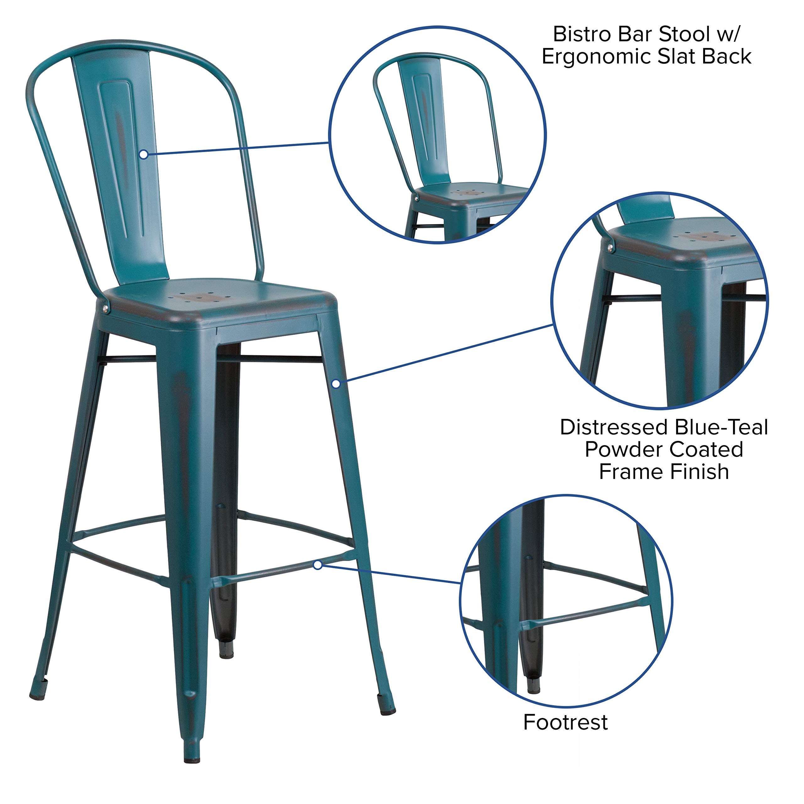 Flash Furniture Commercial Grade 30' High Distressed Kelly Blue-Teal Metal Indoor-Outdoor Barstool With Back