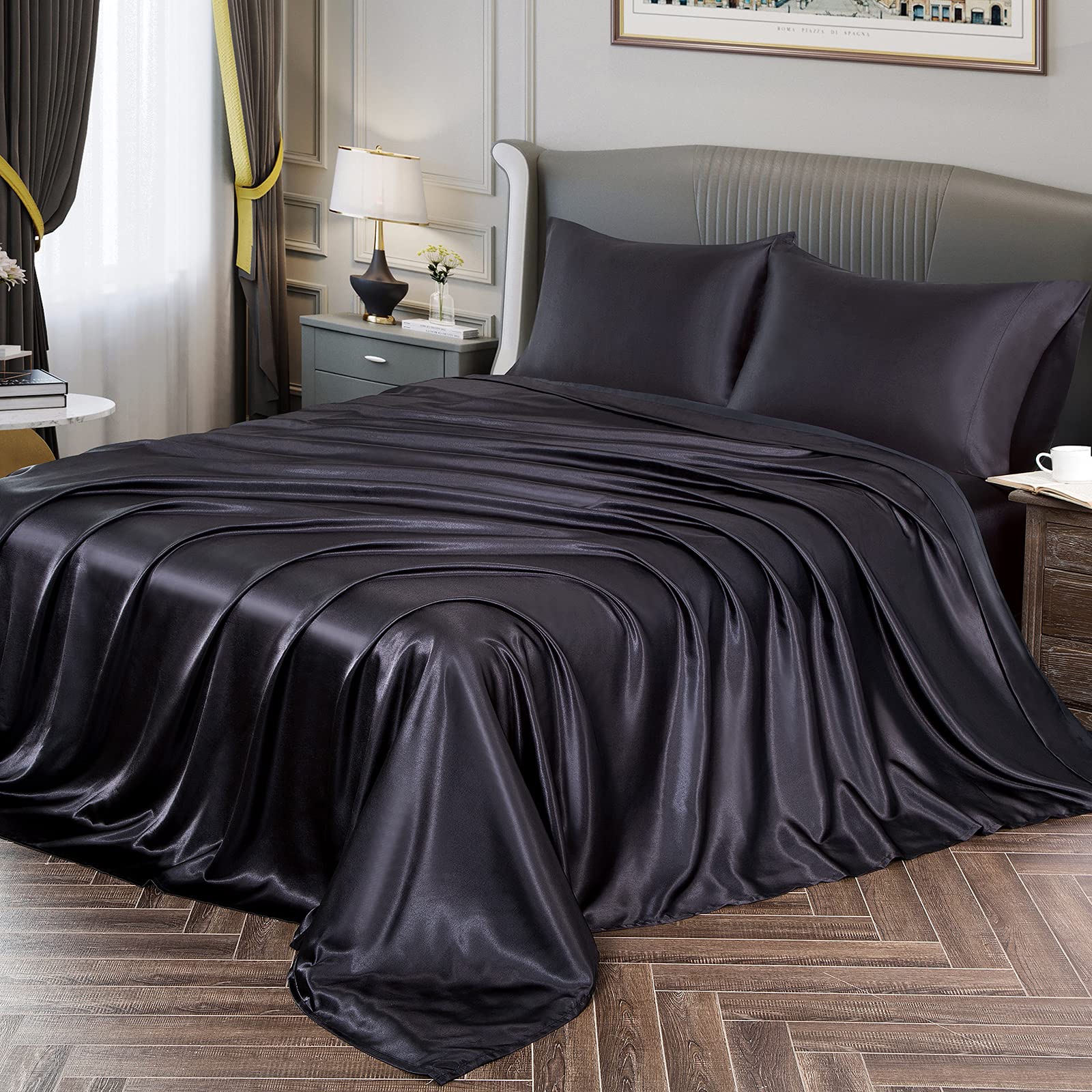 Vonty Satin Sheets Twin Silky Soft Satin Bed Sheets Black Satin Sheet Set, 1 Deep Pocket Fitted Sheet + 1 Flat Sheet + 1 Pillowc