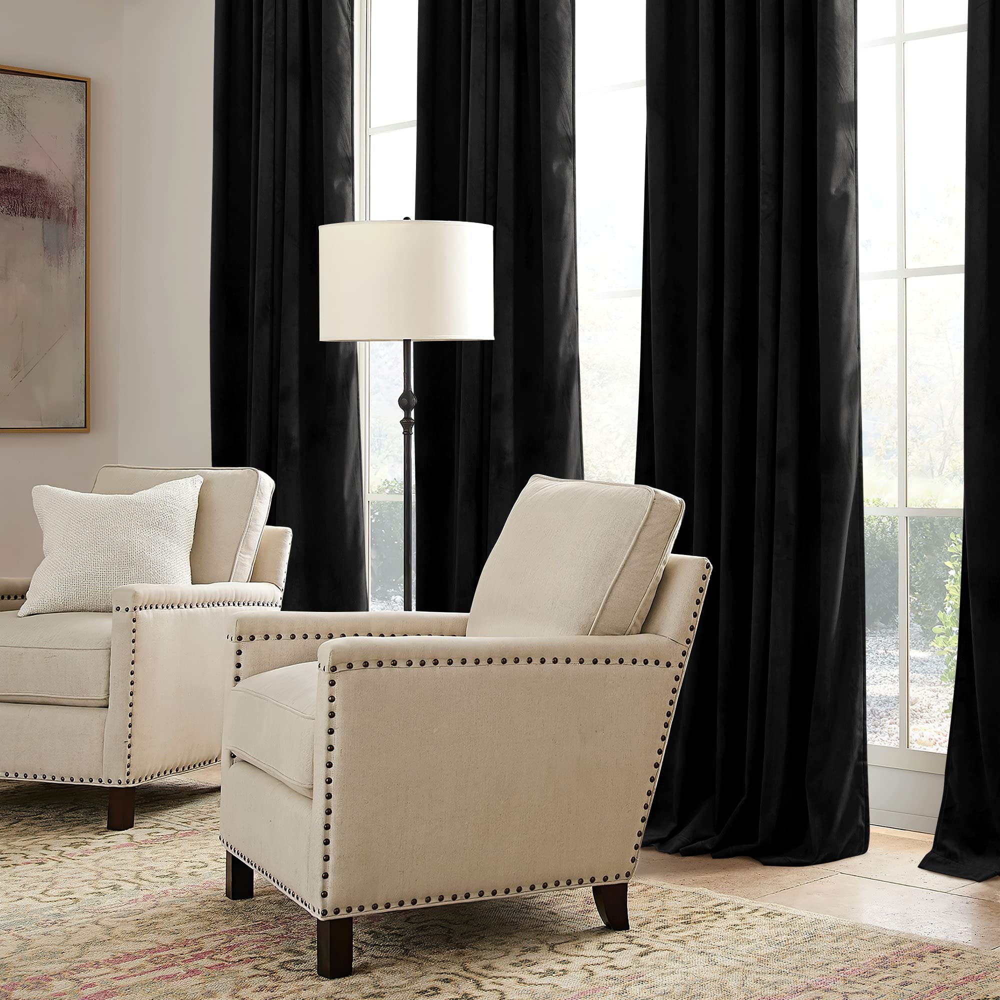 Ryb Home Black Velvet Curtains 96 Inch, Blackout Window Curtains With Pleat Tape On Top For Bedroom Thermal Insulated Privacy Drapes For Nursey, W52 X L96 Inch, 2 Panels