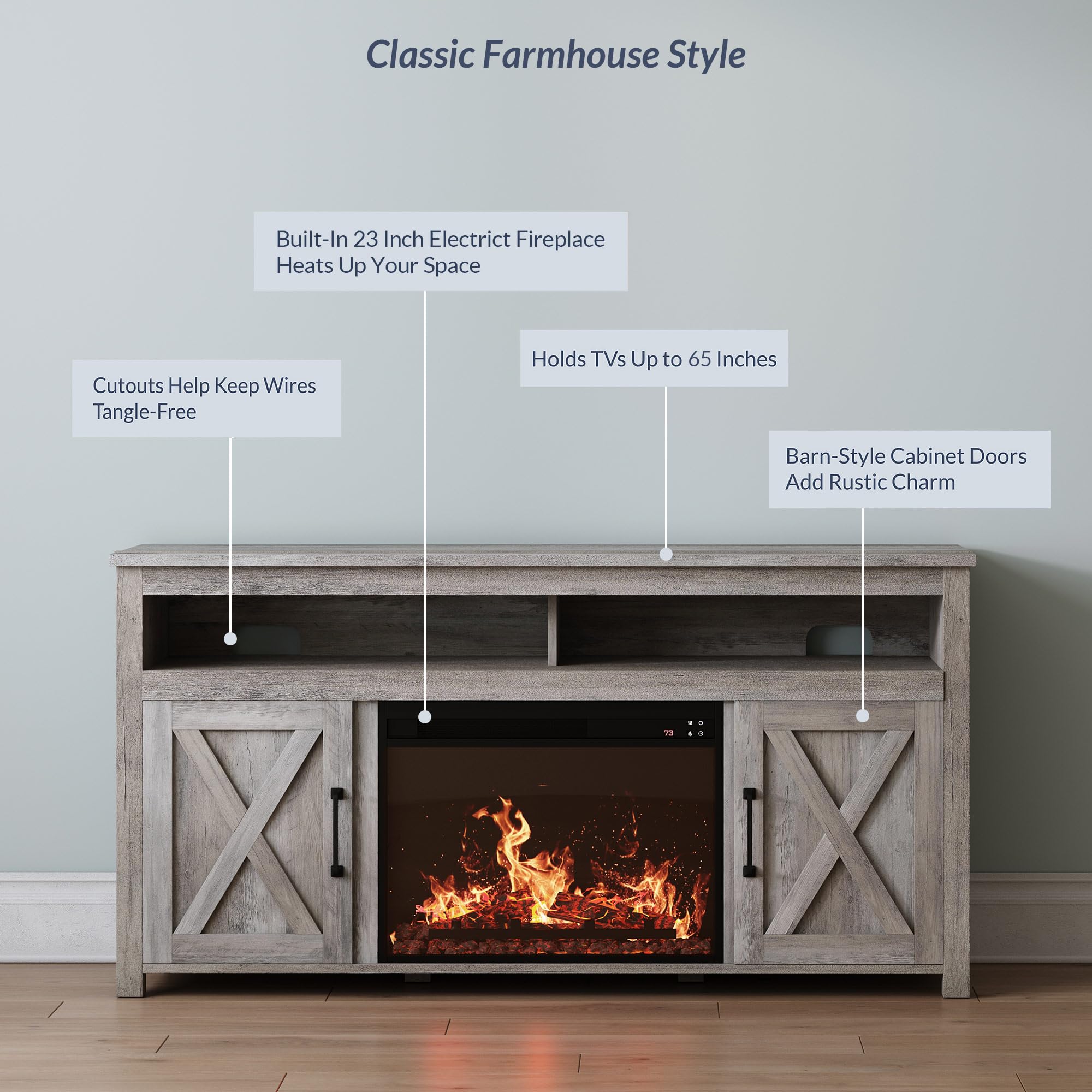 Belleze Barn Door Wood Electric Fireplace Tv Stand For Tvs Up To 65 Inches Open Shelves And Cabinets Media Entertainment Center Console Table - Corin (Gray Wash)
