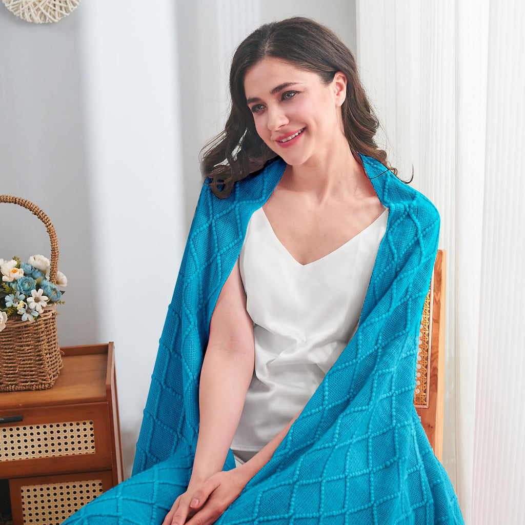 Inhand Teal Throw Blanket For Couch And Bed, Soft Living Room Home Decor Knitted Blanket With Tassel, Outdoor Lightweight Breath