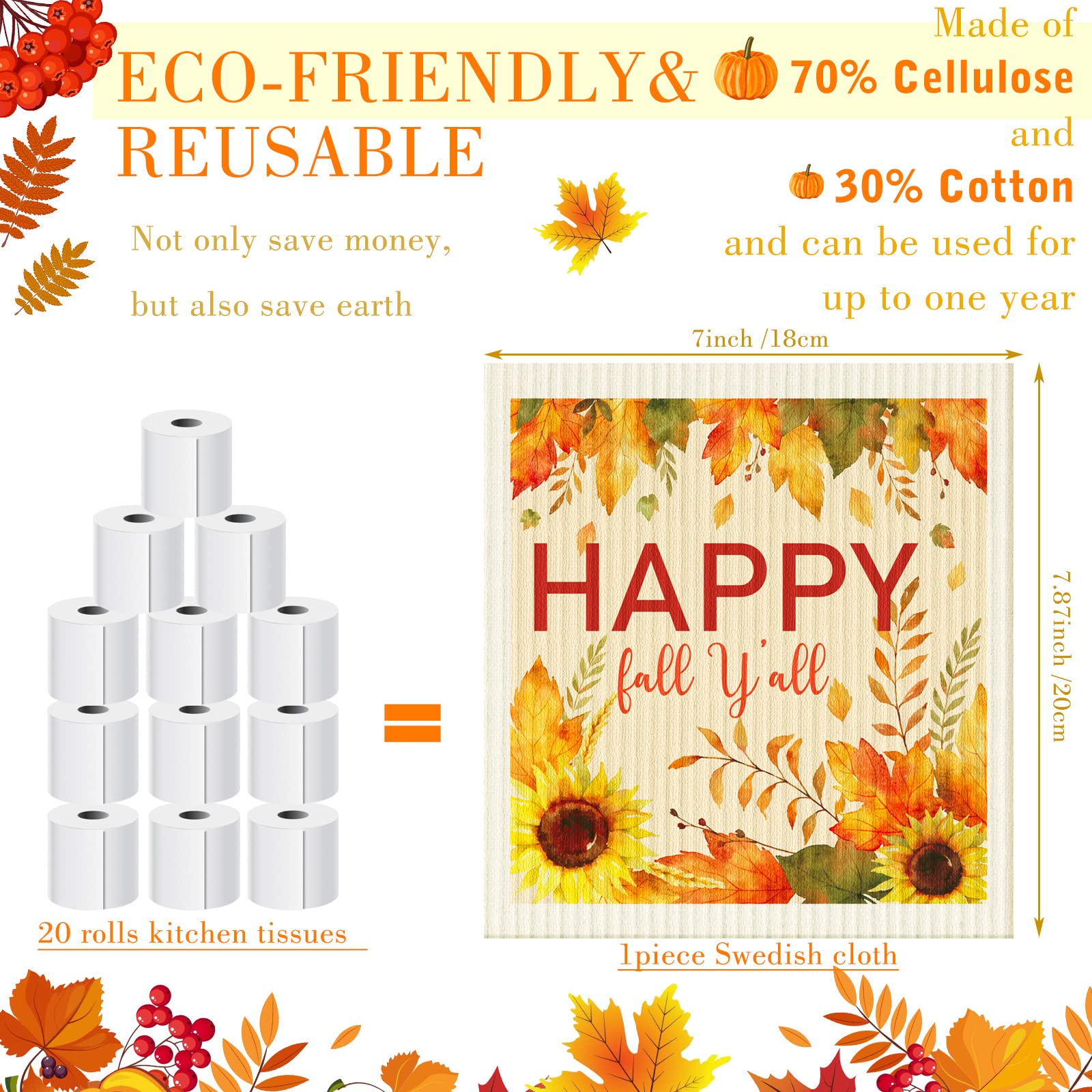 Fall Swedish Kitchen Dishcloth Thanksgiving Pumpkins Maple Dishcloth Absorbent Swedish Soft Reusable Dish Towel Washable Decorat