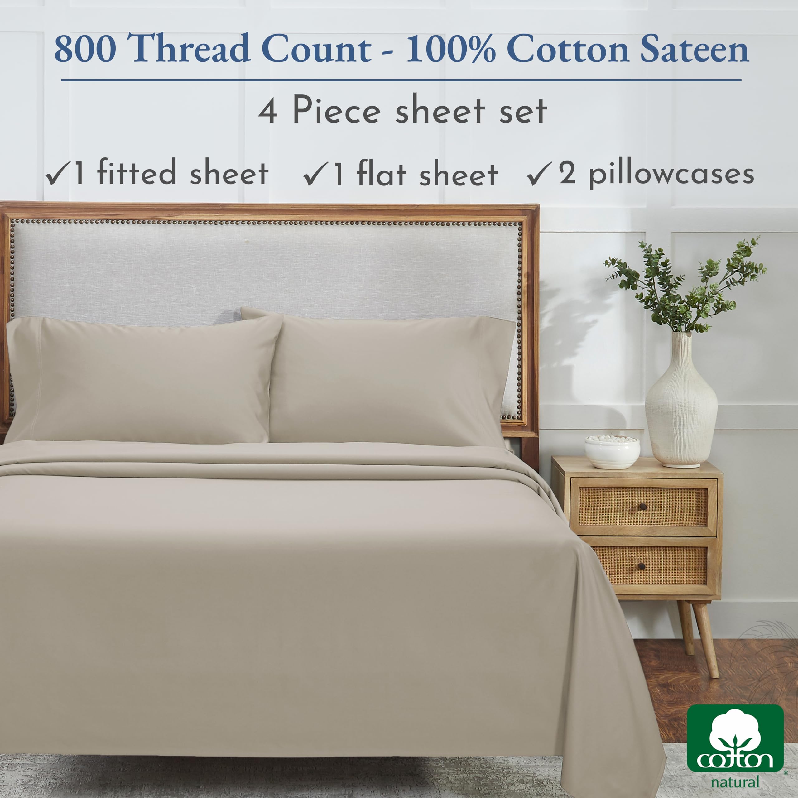 California Design Den Luxury Queen Sheet Set - 800 Thread Count, 100% Cotton Sateen For Queen Size Bed - Bedding Set With Deep Pockets, Cooling & Softer Than Egyptian Cotton Bedsheets (Beige)
