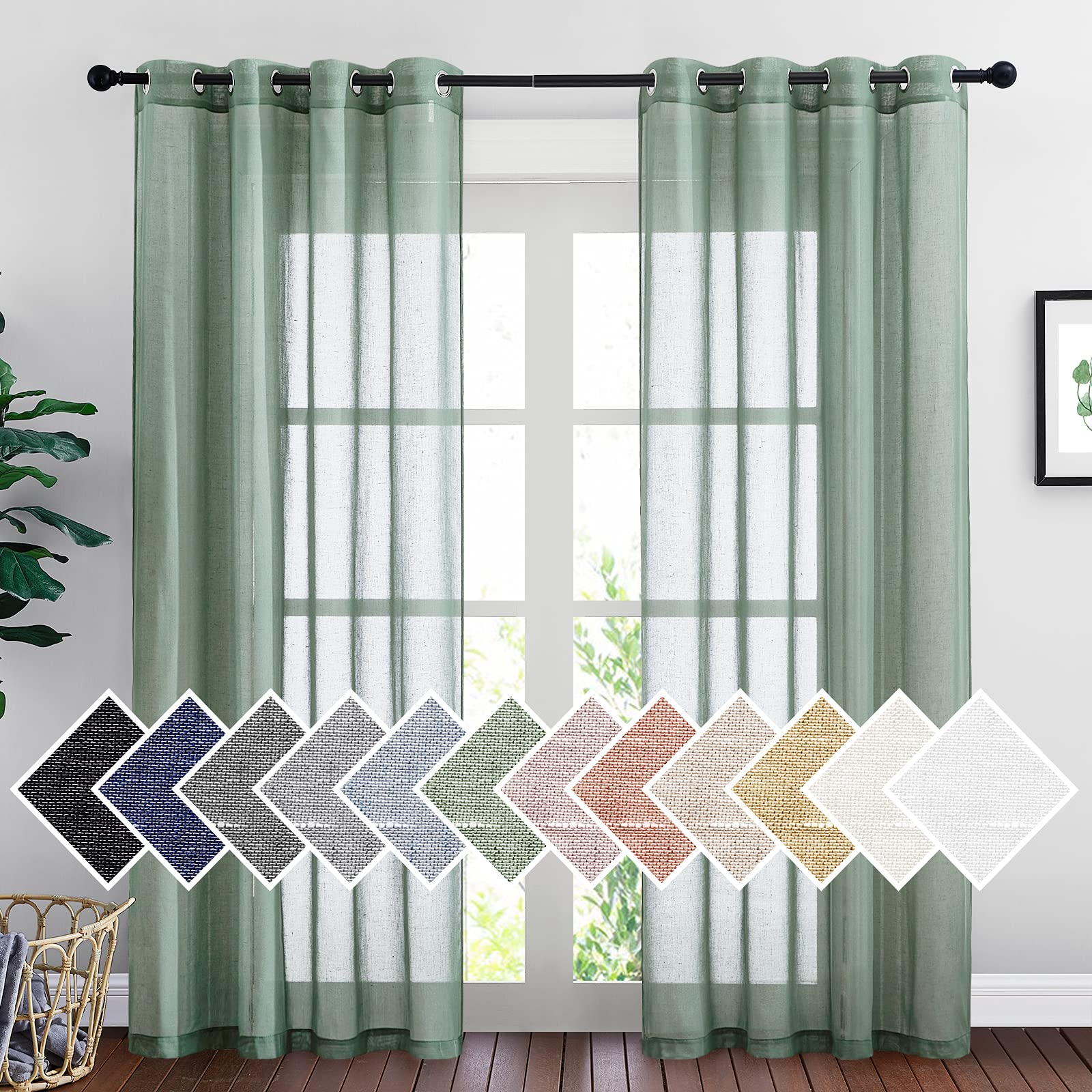Nicetown Linen Sheer Curtains Flax Textured For Living Room, Grommet Semi Sheer Vertical Drapes Privacy With Light Filter For Ho